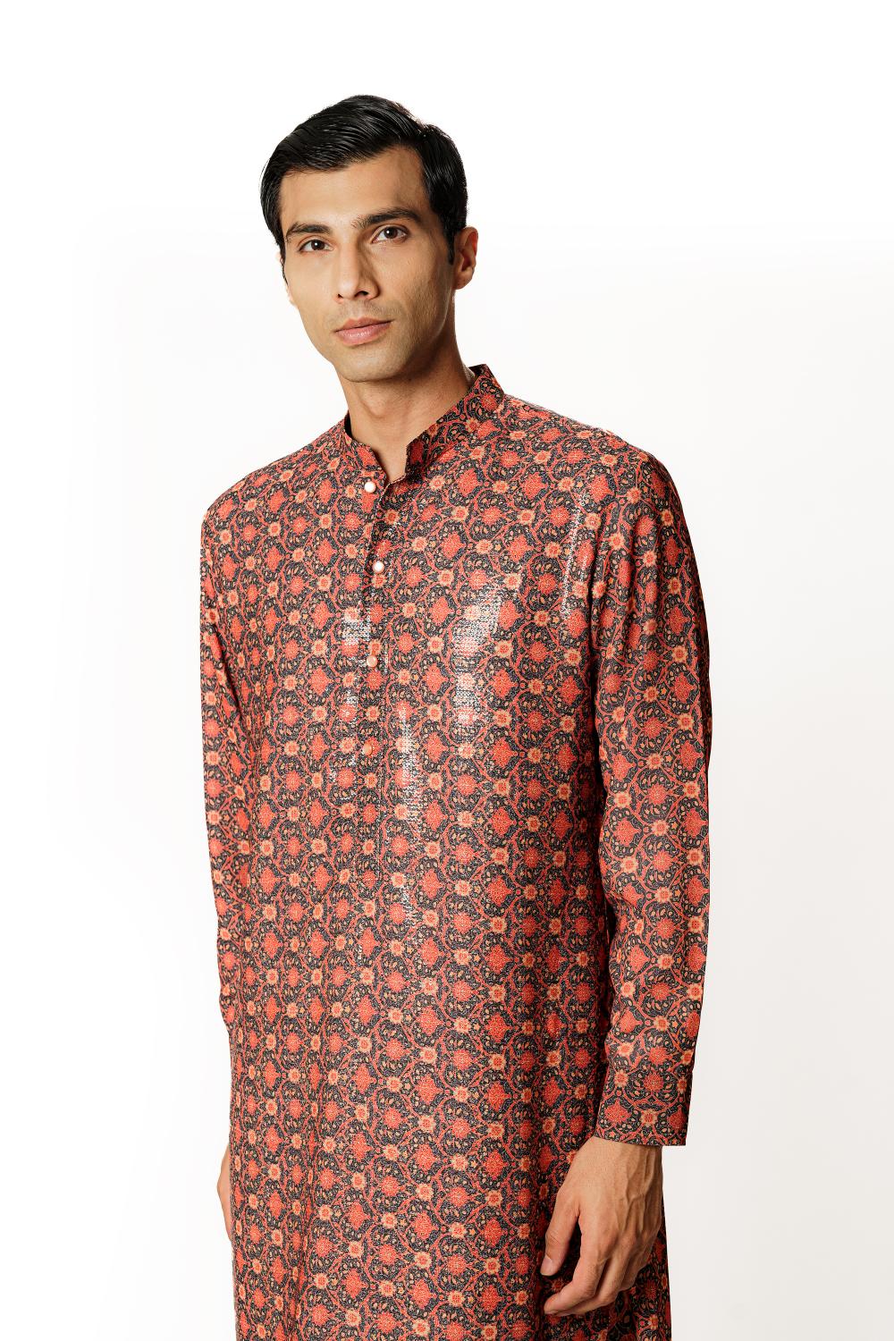 AUBERGINE PRINT  1/2 SHEETING 1/2 GORGETTE W CREPE LINING KURTA W COTTON SILK PANT