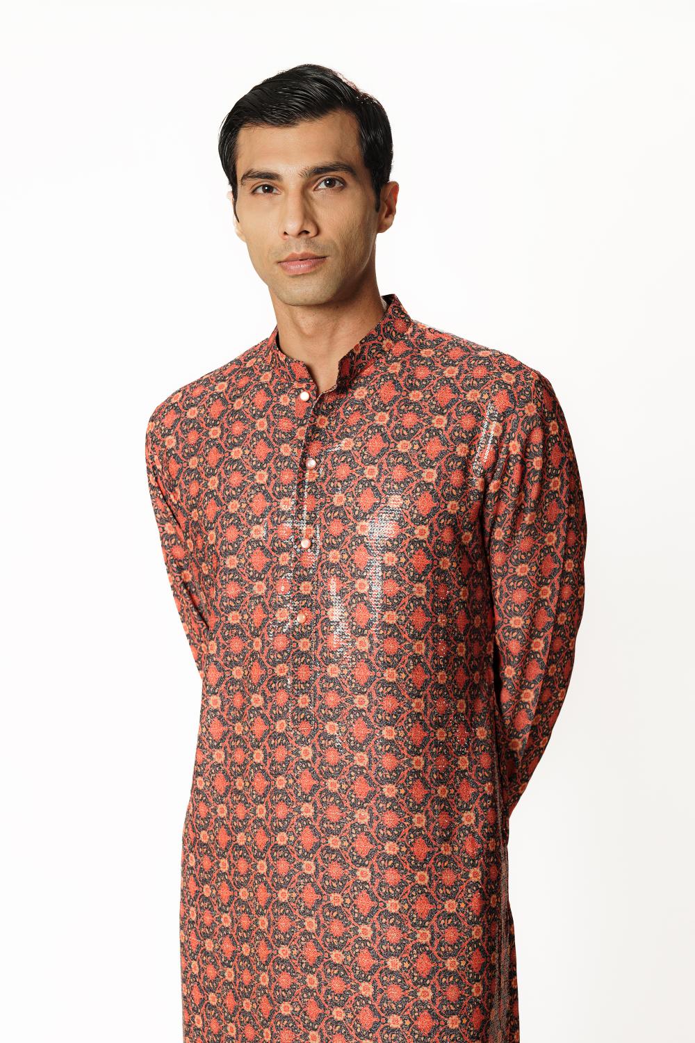 AUBERGINE PRINT  1/2 SHEETING 1/2 GORGETTE W CREPE LINING KURTA W COTTON SILK PANT