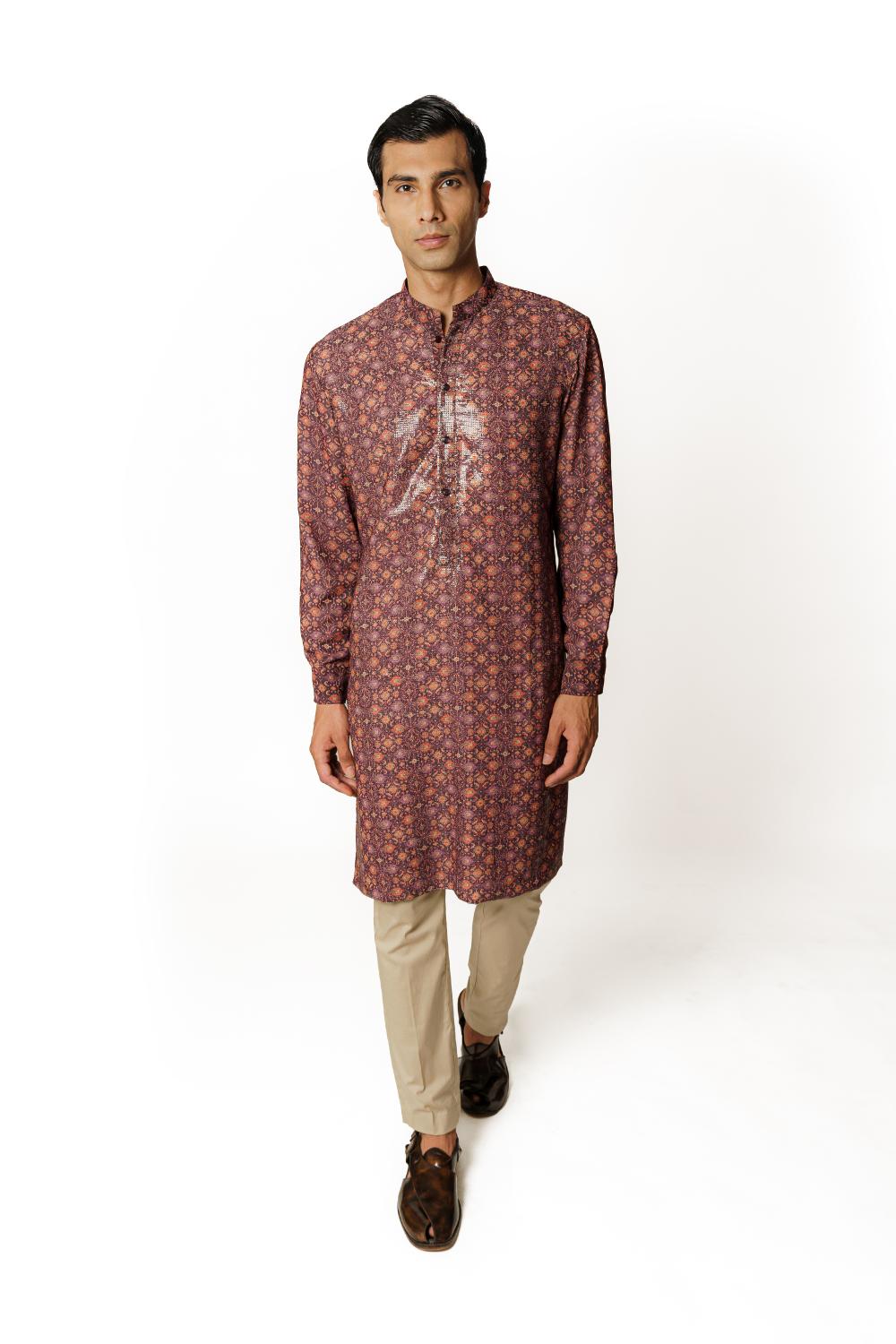 PURPLE  PRINT  1/2 SHEETING 1/2 GORGETTE W CREPE LINING KURTA W COTTON SILK PANT