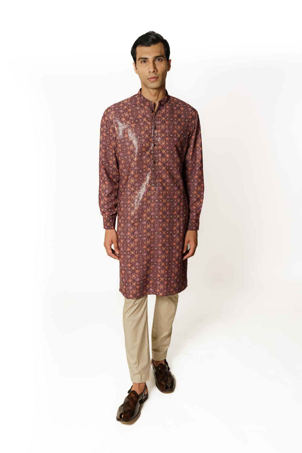 PURPLE  PRINT  1/2 SHEETING 1/2 GORGETTE W CREPE LINING KURTA W COTTON SILK PANT