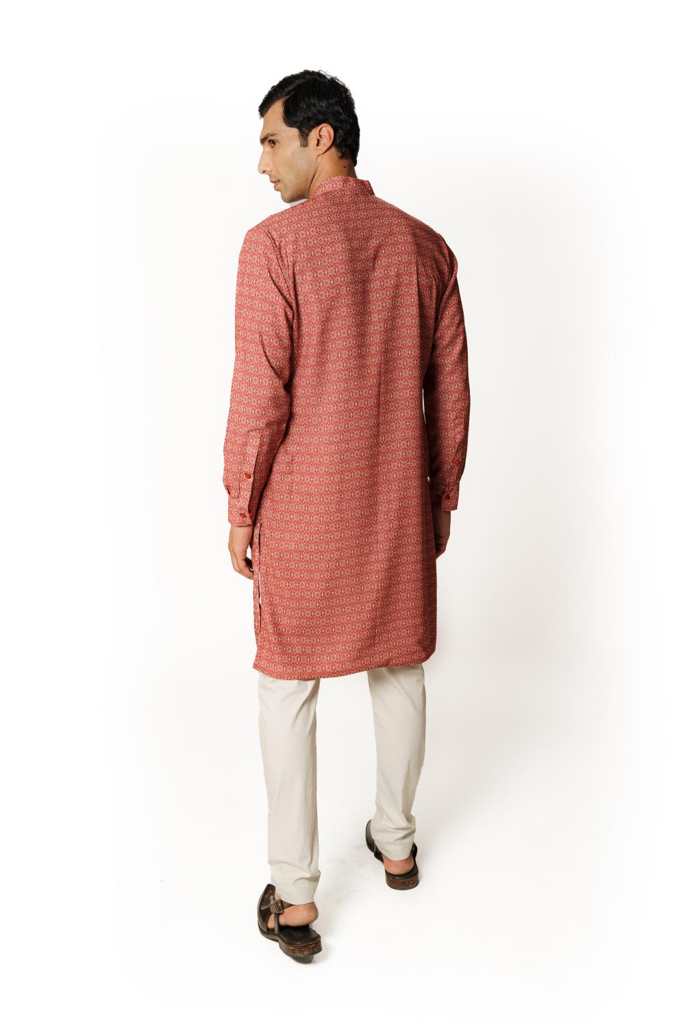 RED PRINT  1/2 SHEETING 1/2 GORGETTE W CREPE LINING KURTA W COTTON SILK PANT