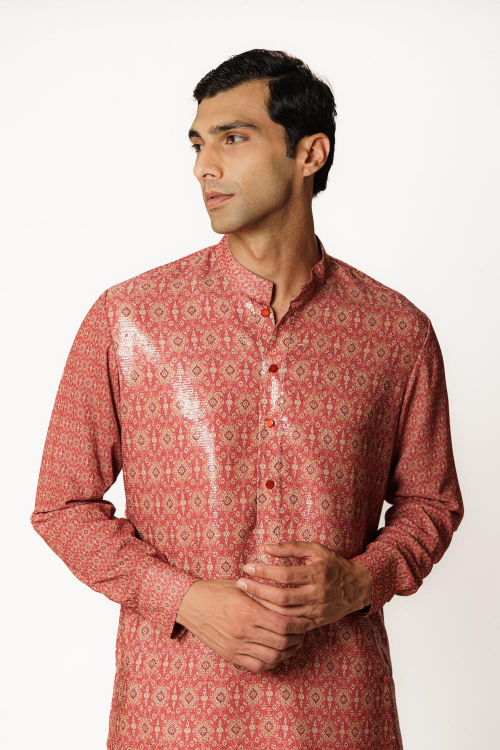 RED PRINT  1/2 SHEETING 1/2 GORGETTE W CREPE LINING KURTA W COTTON SILK PANT