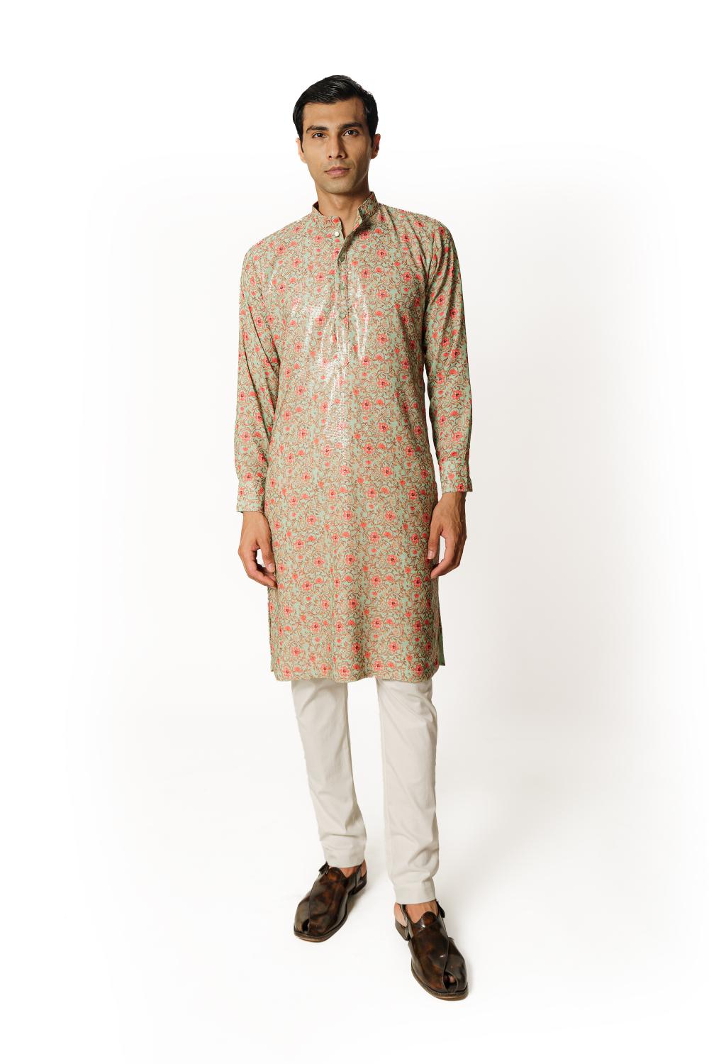 SEA GREEN PRINT  1/2 SHEETING 1/2 GORGETTE W CREPE LINING KURTA W COTTON SILK PANT