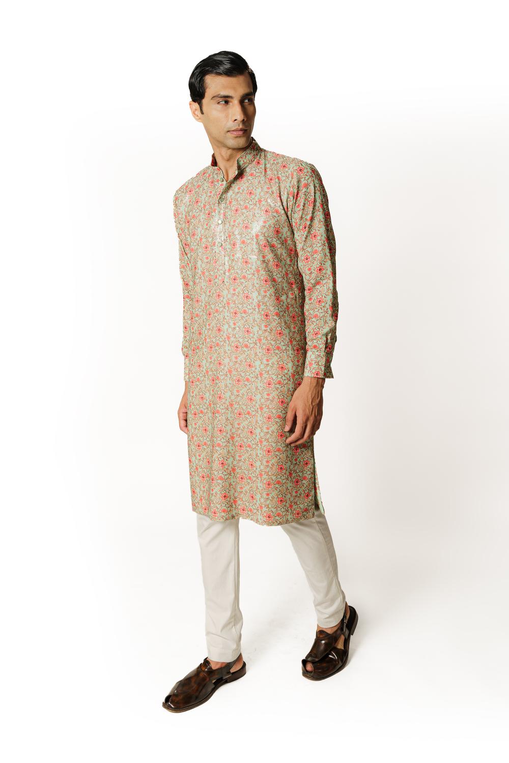 SEA GREEN PRINT  1/2 SHEETING 1/2 GORGETTE W CREPE LINING KURTA W COTTON SILK PANT