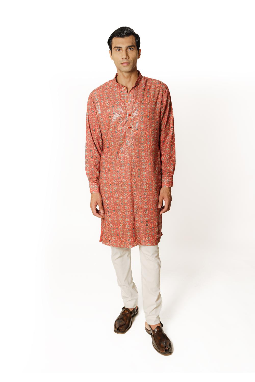 RED PRINT  1/2 SHEETING 1/2 GORGETTE W CREPE LINING KURTA W COTTON SILK PANT