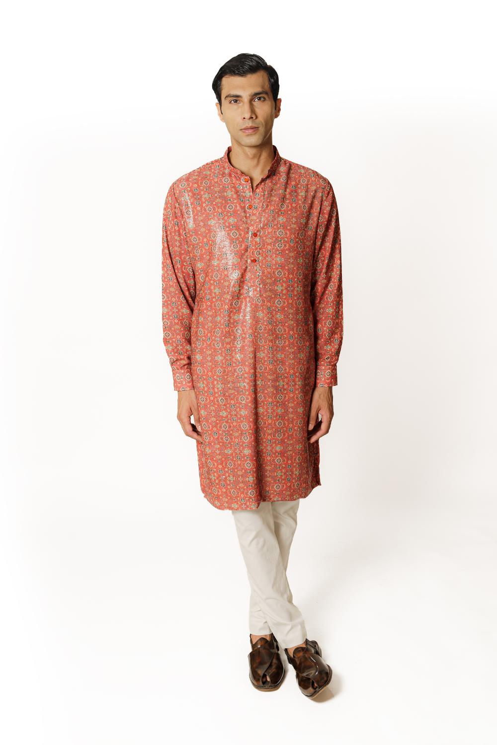 RED PRINT  1/2 SHEETING 1/2 GORGETTE W CREPE LINING KURTA W COTTON SILK PANT