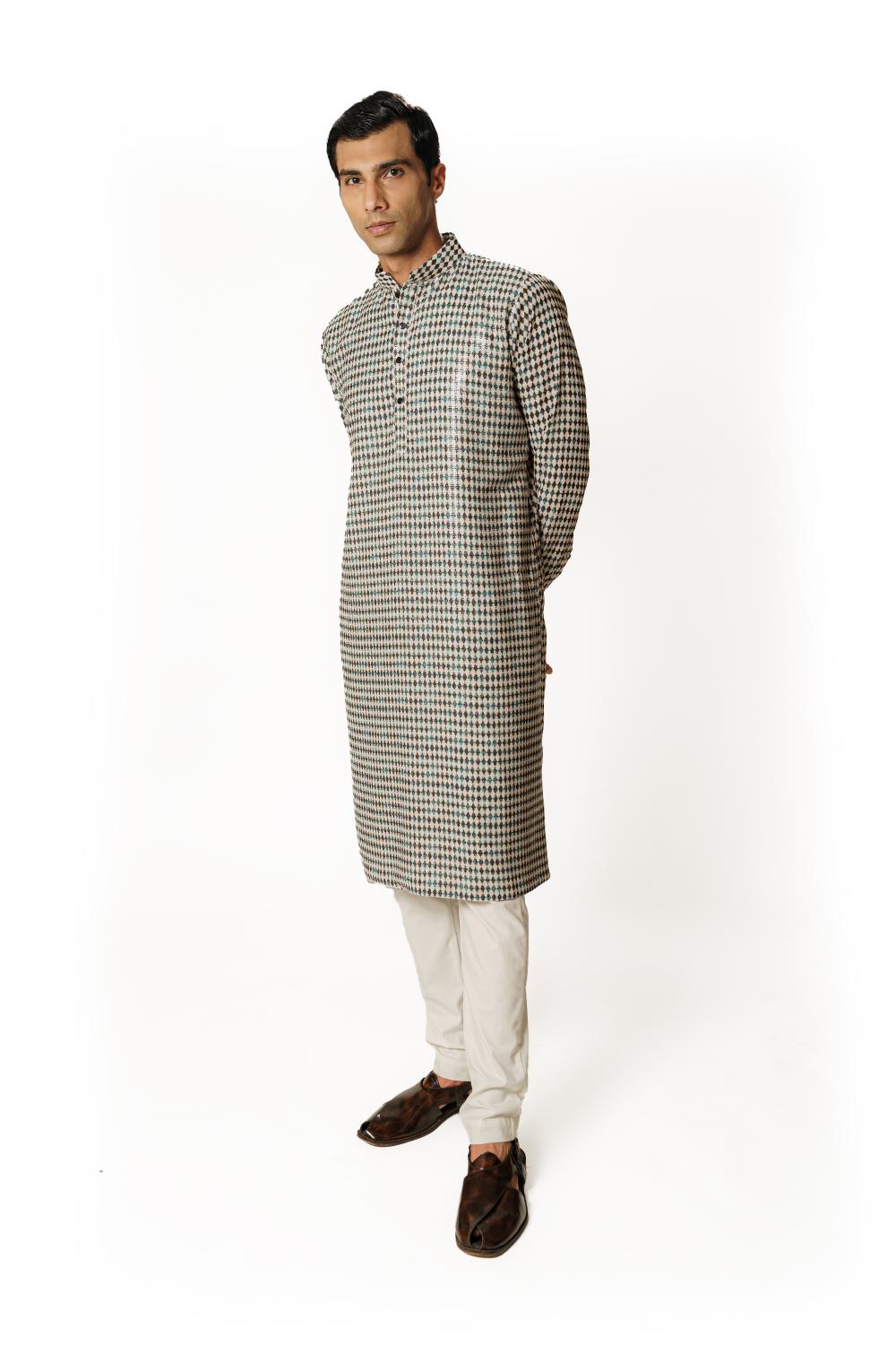 IVORY/BLACK DIAMOND PRINT  1/2 SHEETING 1/2 GORGETTE W CREPE LINING KURTA W COTTON SILK PANT