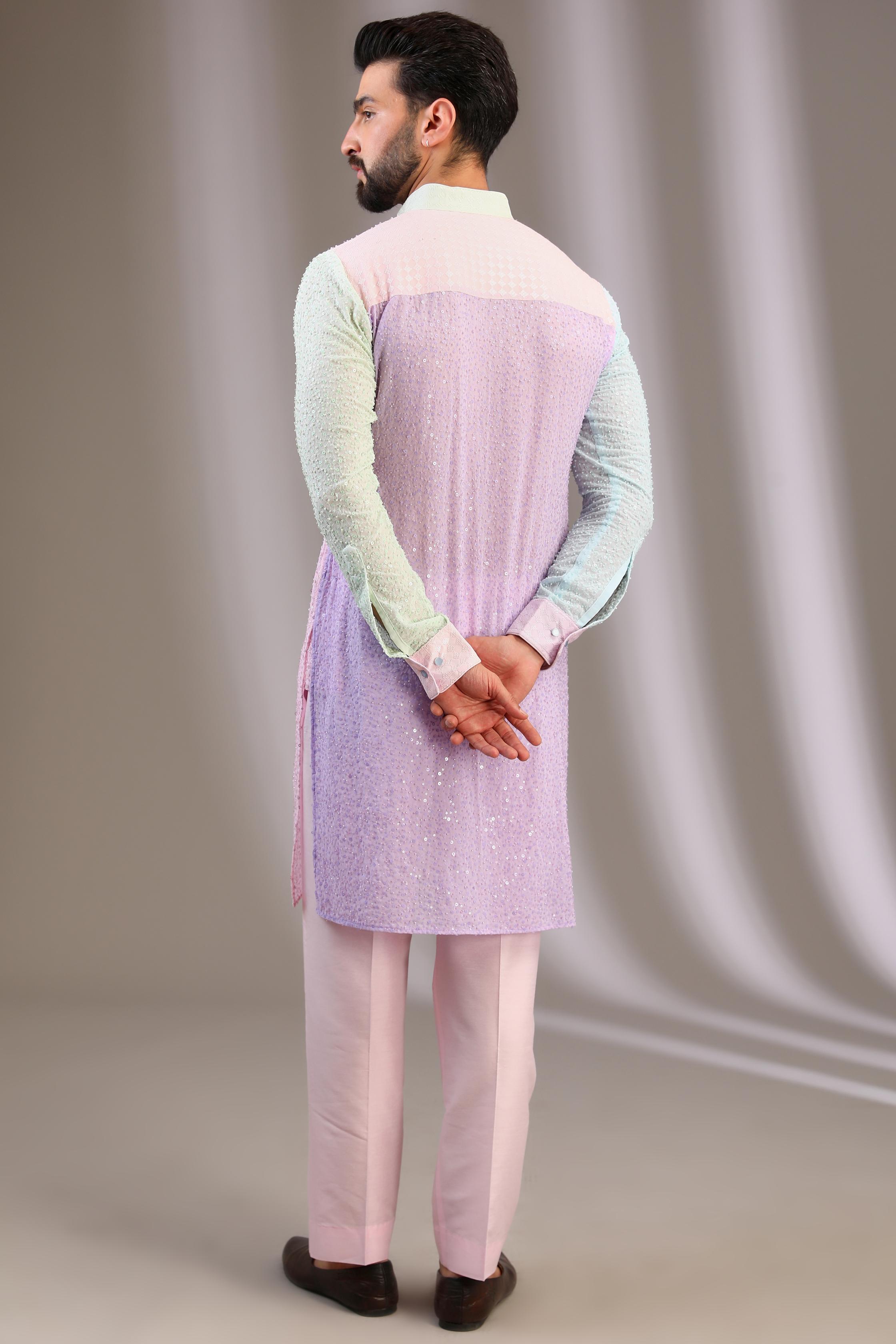 AQUA/GREEN/PINK 3 COLOR  GORGETTE FULLY EMBO. UNLINED KURTA W SEQUIN COLLAR, CUFF, PLACKET W PINK COTTON SILK PANT