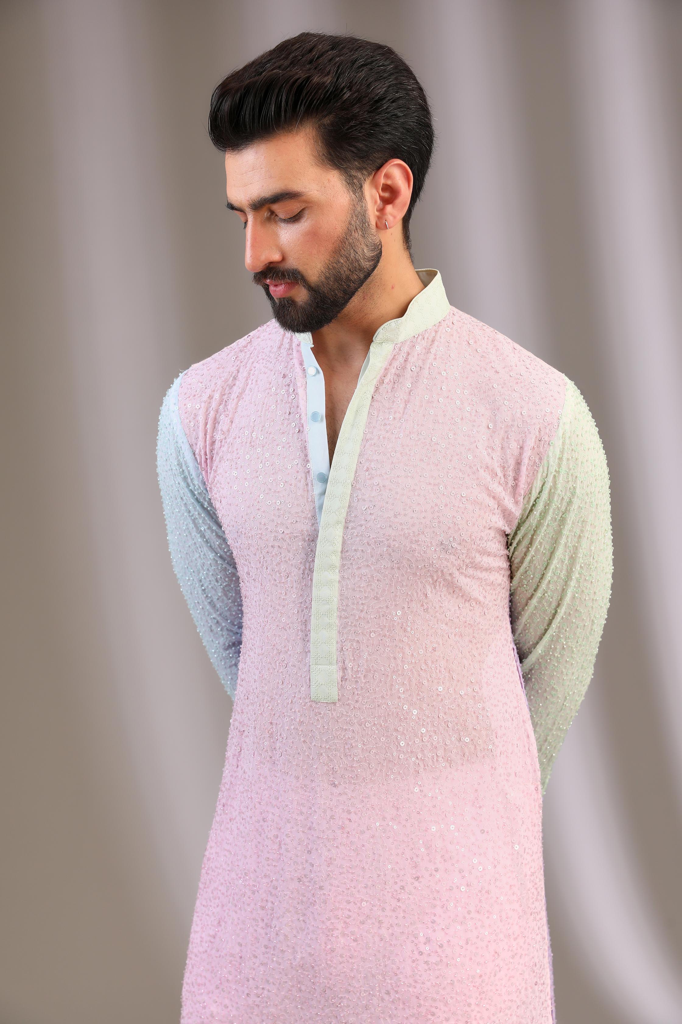 AQUA/GREEN/PINK 3 COLOR  GORGETTE FULLY EMBO. UNLINED KURTA W SEQUIN COLLAR, CUFF, PLACKET W PINK COTTON SILK PANT