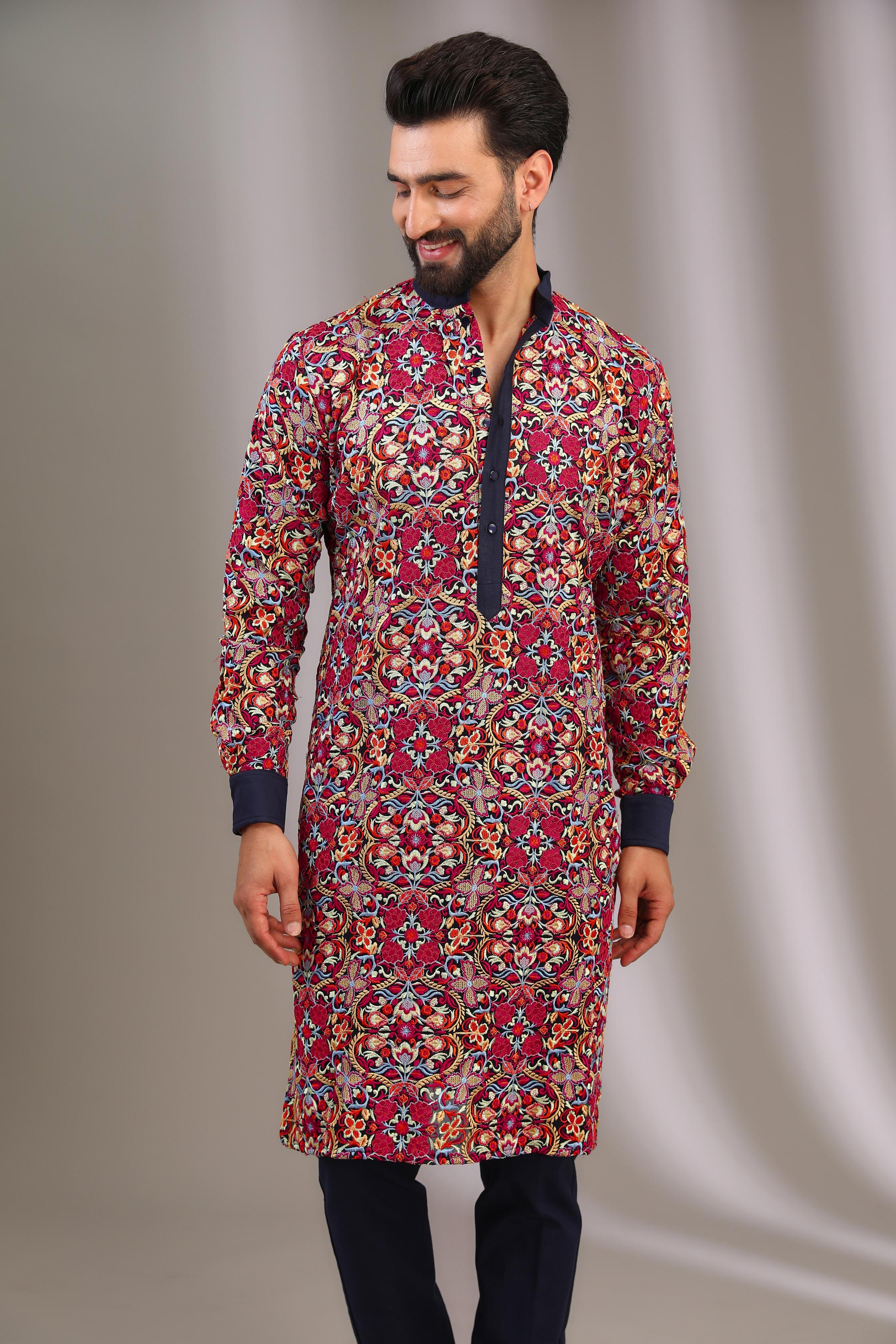 BLUE  GORGETTE MULTI COLOR SILK THREAD JAAL UNLINED KURTA W COTTON SILK PANT