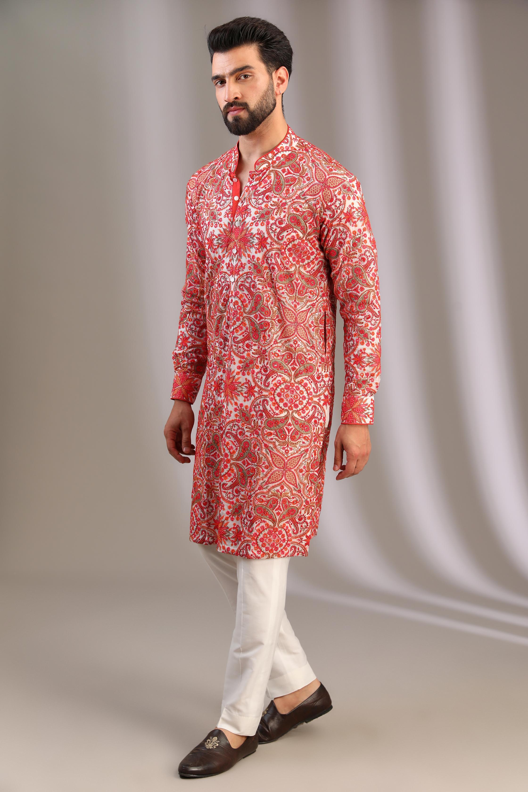 IVORY  GORGETTE MULTI COLOR SILK THREAD JAAL UNLINED KURTA W COTTON SILK PANT