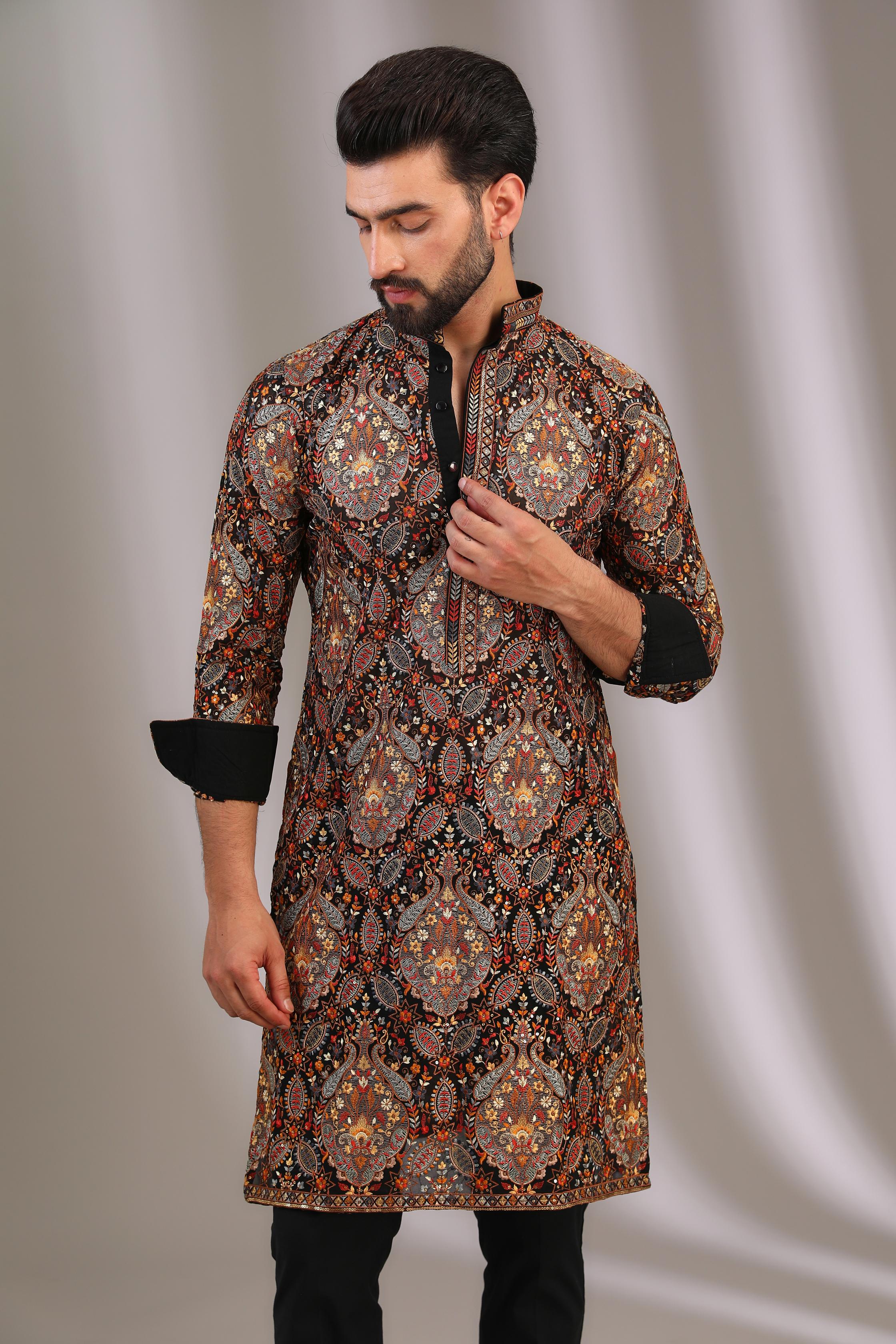 BLACK GORGETTE MULTI THREAD + SEQUIN WORK UNLINED KURTA W COTTON SILK PANT