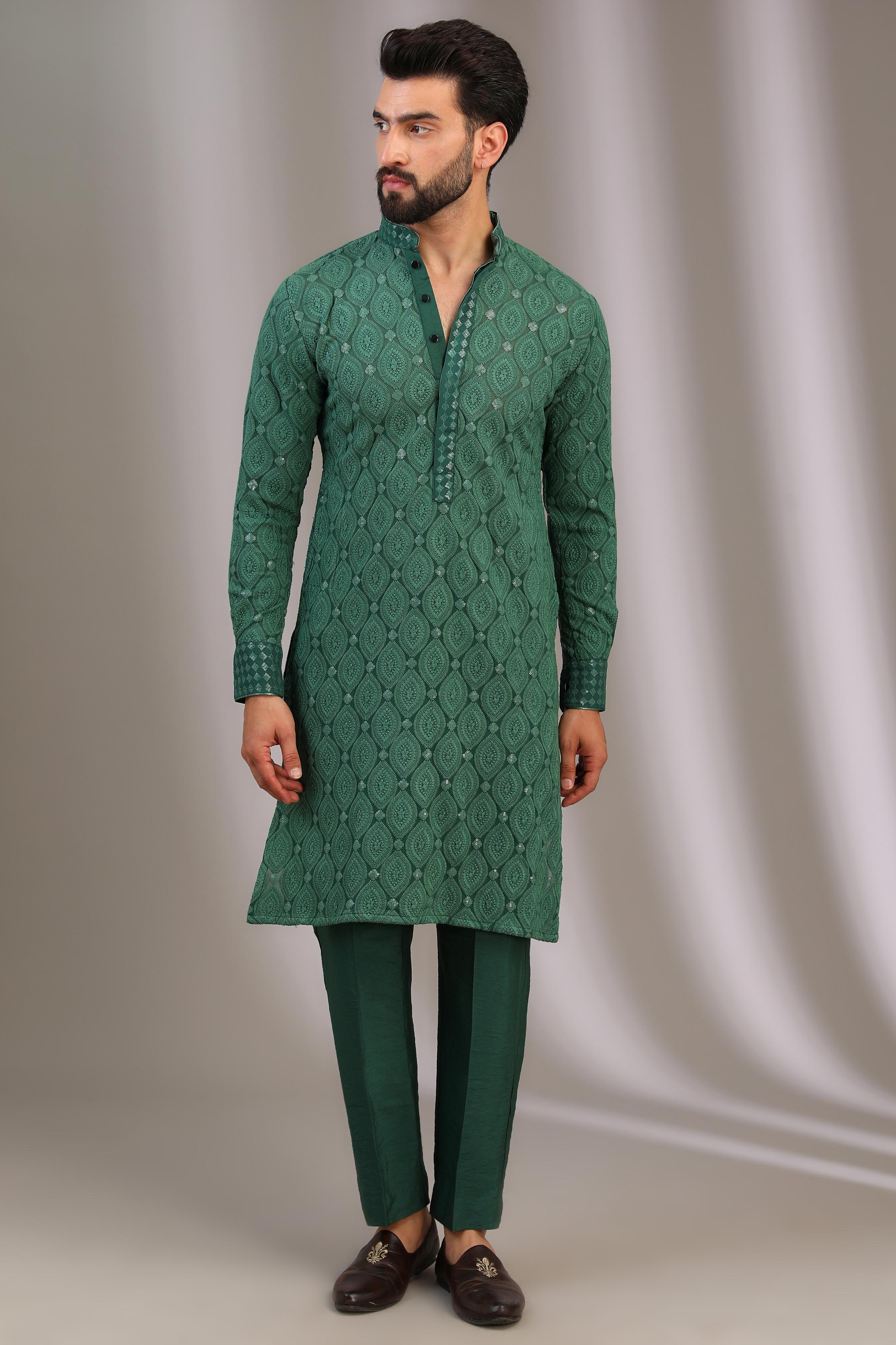 GREEN LEAF BOOTI GORGETTE UNLINED THREAD WORK KURTA W SAME COLOR COTTON SILK PANT