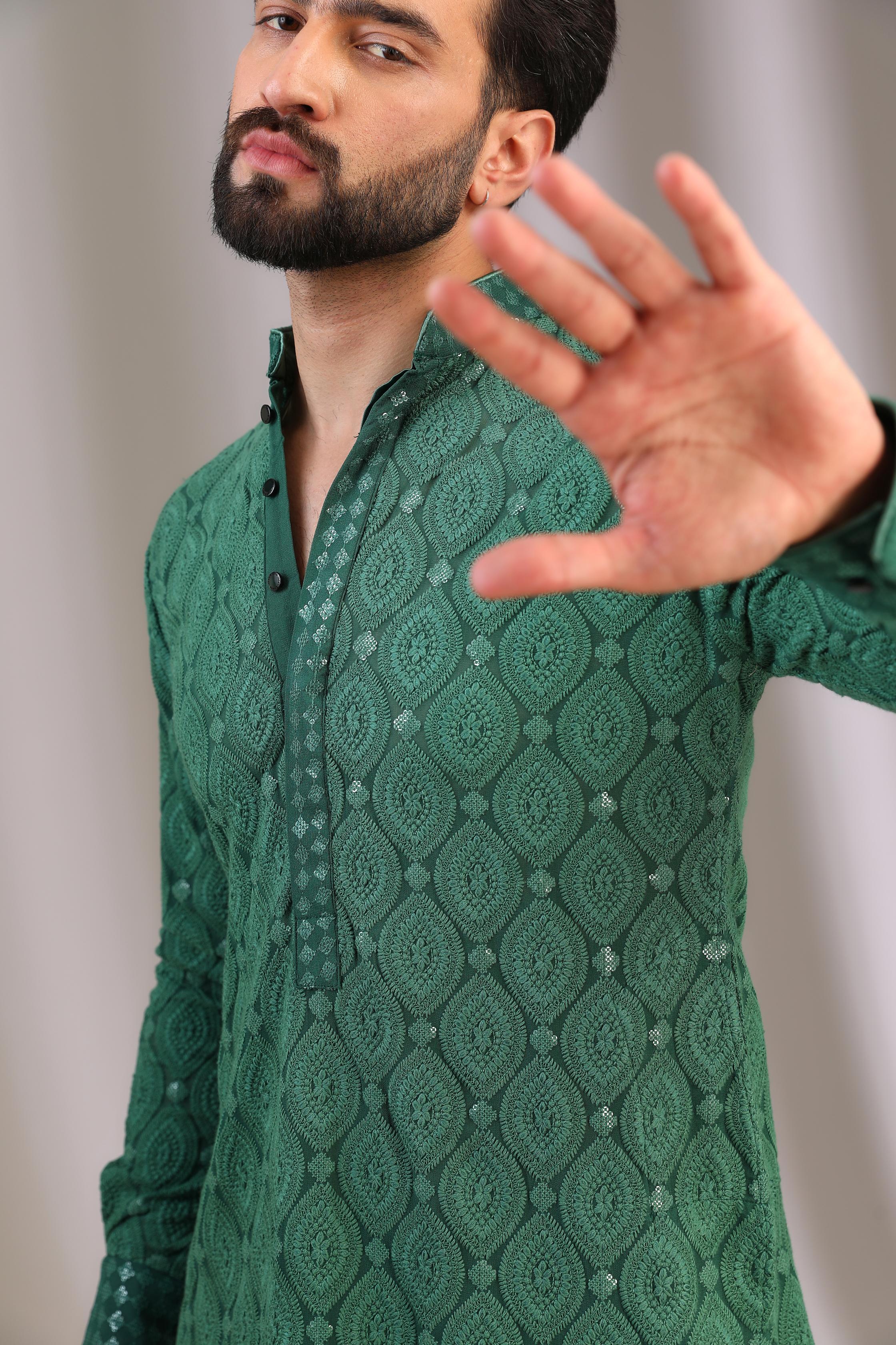 GREEN LEAF BOOTI GORGETTE UNLINED THREAD WORK KURTA W SAME COLOR COTTON SILK PANT