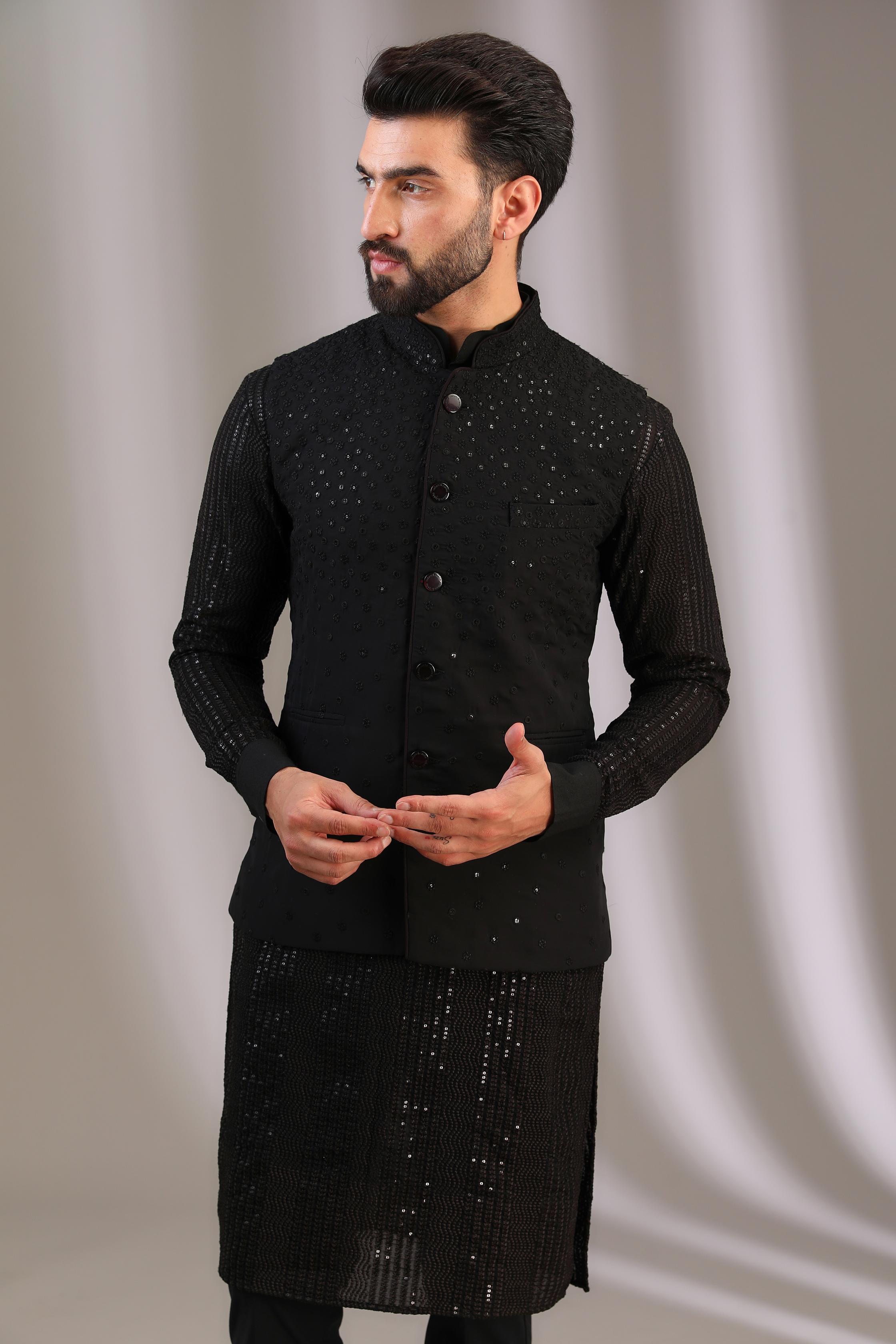 BLACK GORGTTE NARGIS BRUST ON TOP BUNDI W BLACK G-60 EMBO. KURTA W PANT