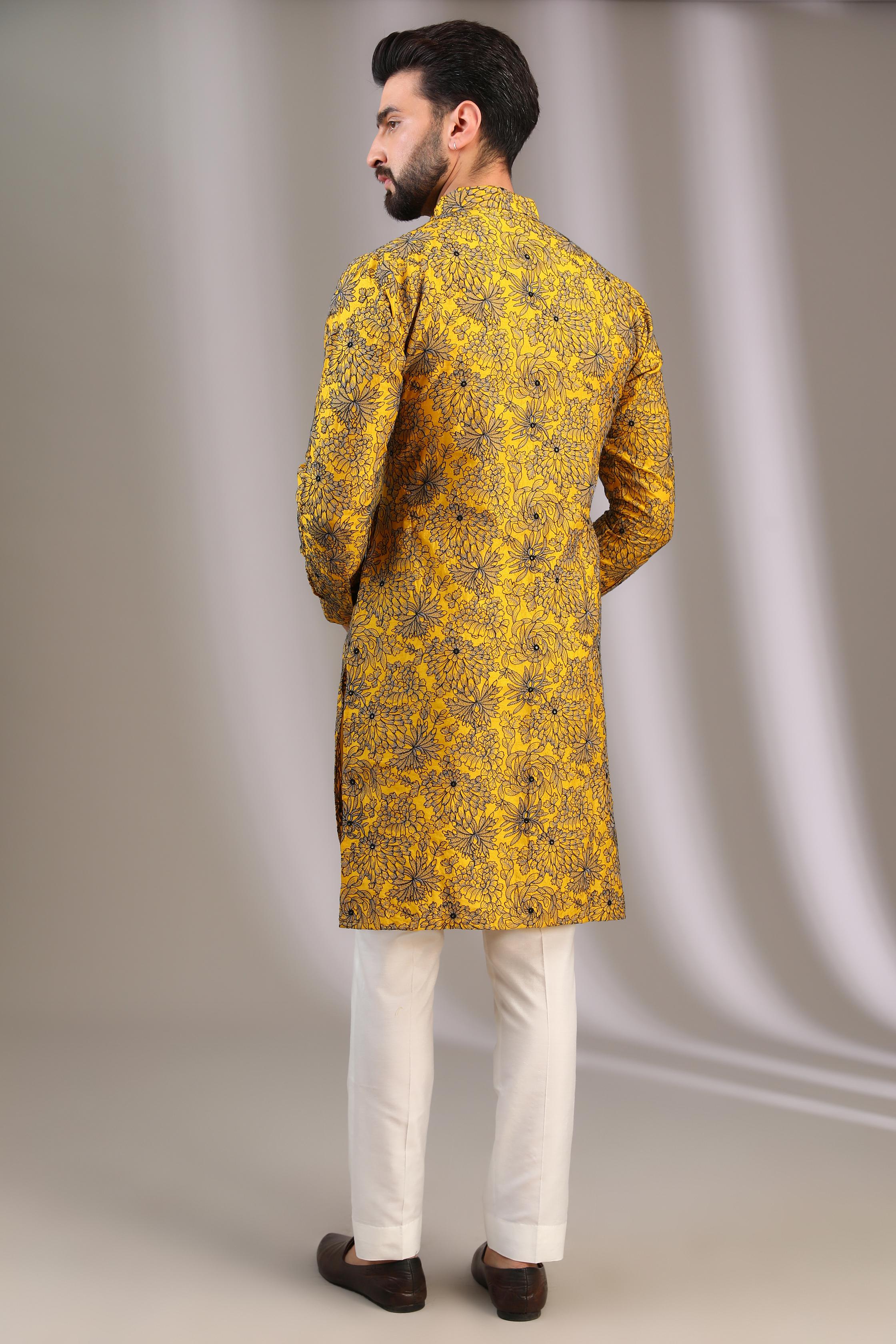 YELLOW SILK W TEAL GREY & BLACK  THREAD FRORAL WORK UNLINED KURTA W OFFWHITE COTTON SILK PANT