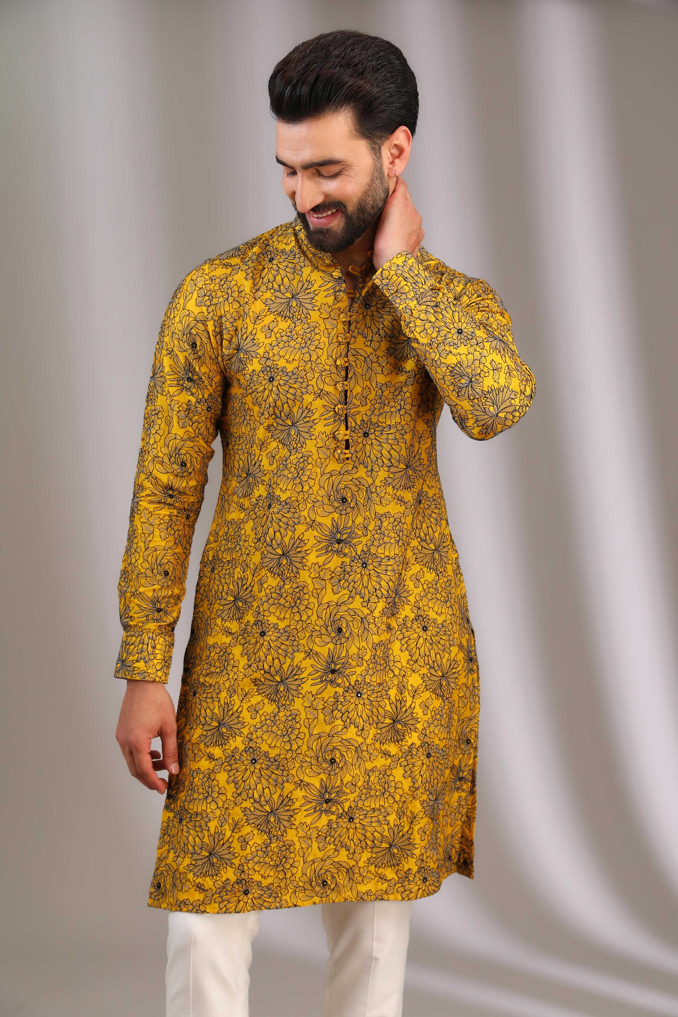 YELLOW SILK W TEAL GREY & BLACK  THREAD FRORAL WORK UNLINED KURTA W OFFWHITE COTTON SILK PANT