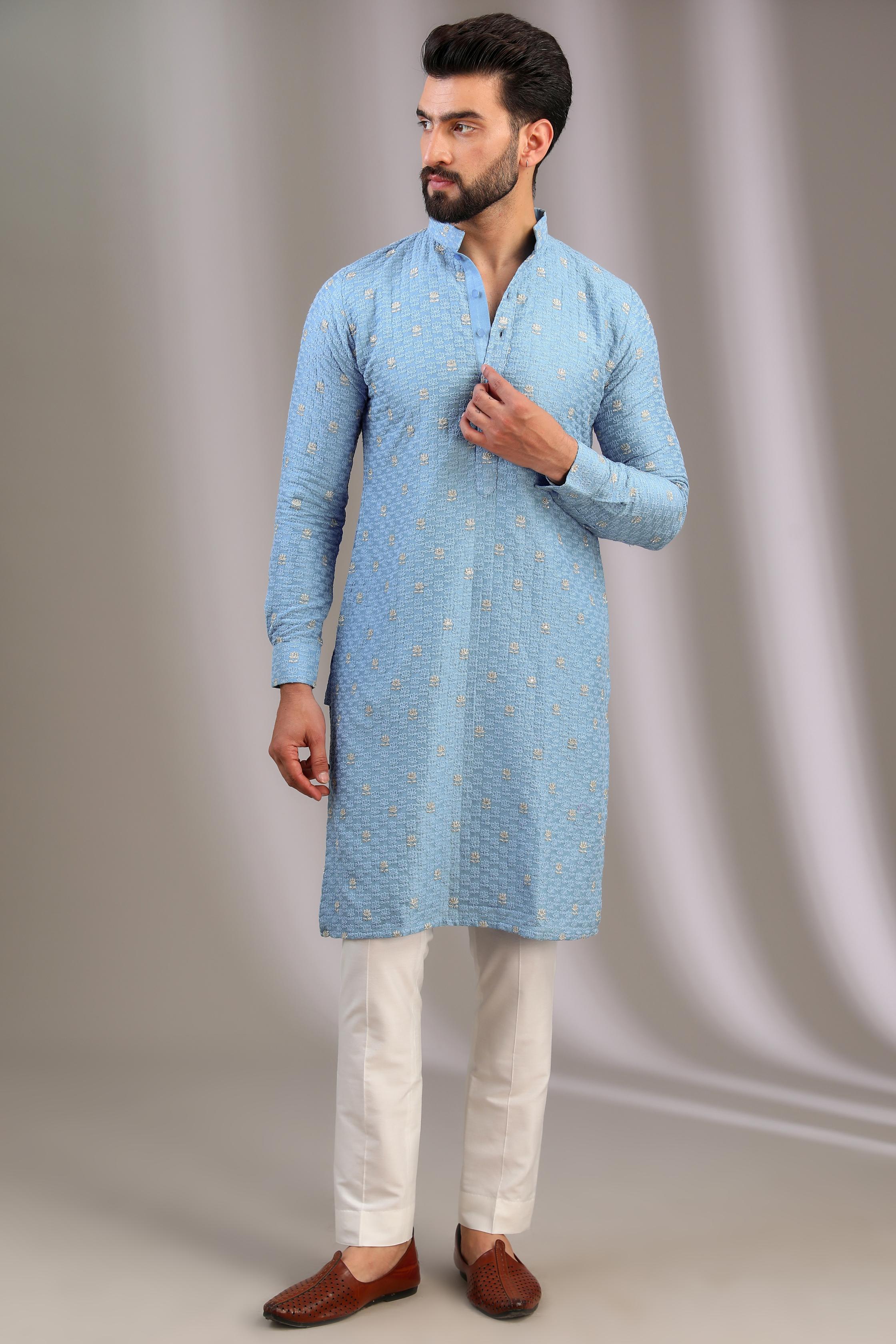 PALE BLUE SILK KURTA W SILVER ZARI LOTUS WORK W IVORY COTTON SILK PANT