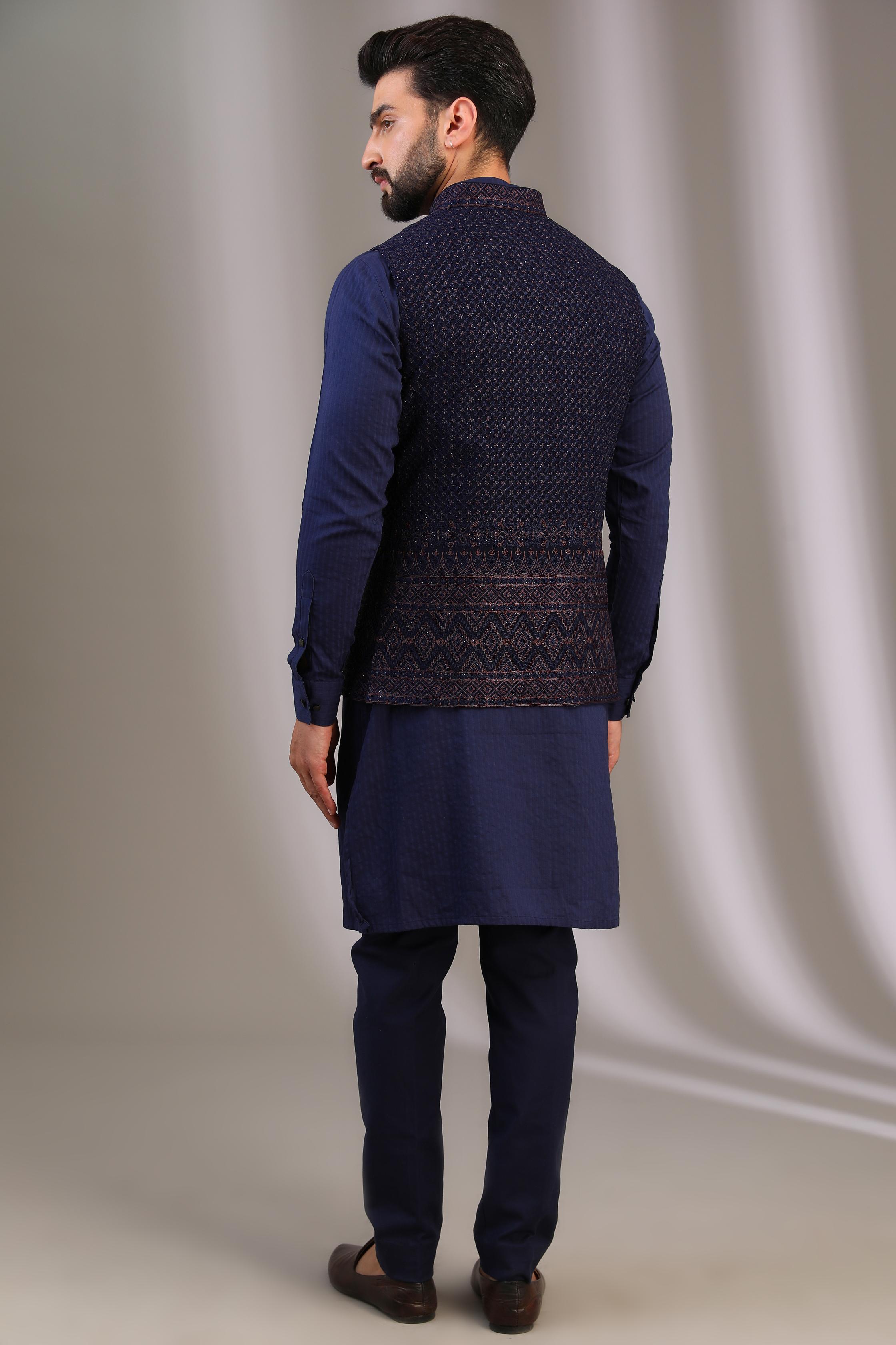 BLUE GORGTTTE HEAVY BORDER AT BOOTAM FULL THREAD + SEQUIN JAAL BUNDIW COTTON SILK KURTA + PANT