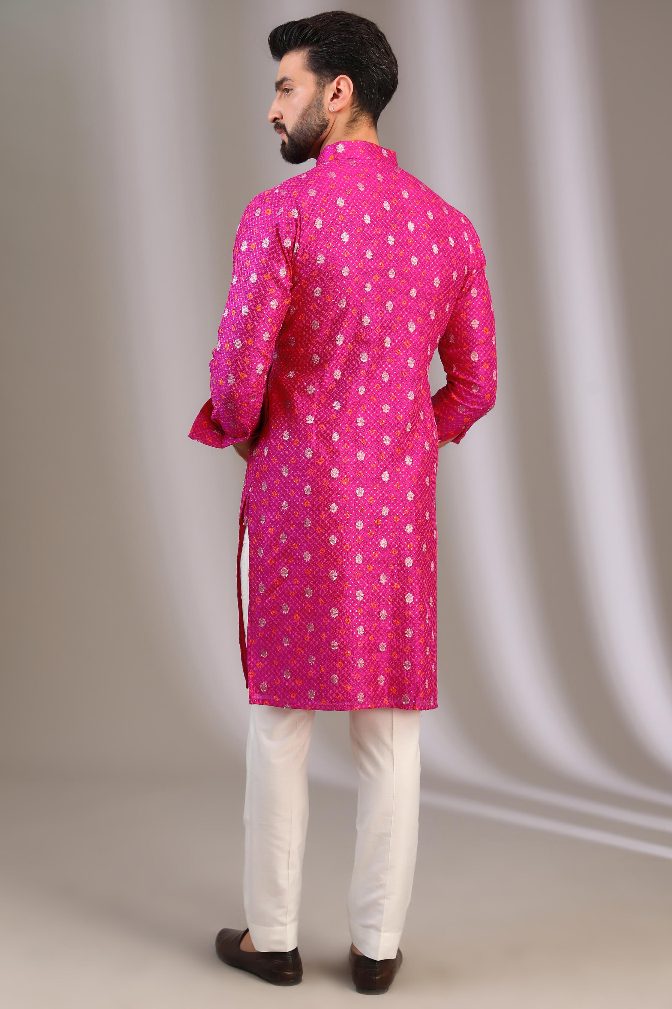 FUSHIA PINK SILK UNLIED KURTA W SILVER/YELLOW BOOTI + SEQUIN W OFFWHITE COTTON SILK PANT