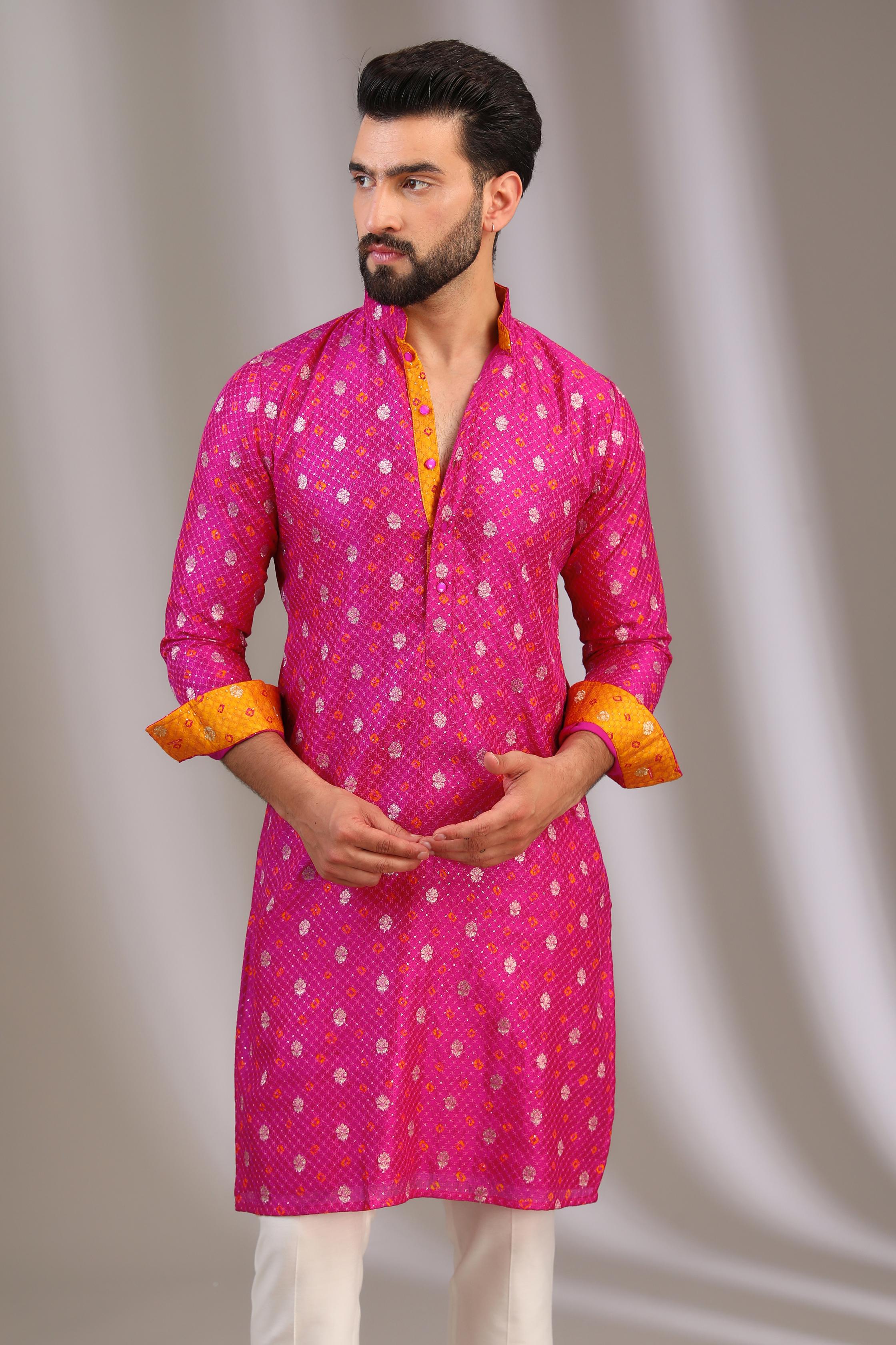 FUSHIA PINK SILK UNLIED KURTA W SILVER/YELLOW BOOTI + SEQUIN W OFFWHITE COTTON SILK PANT