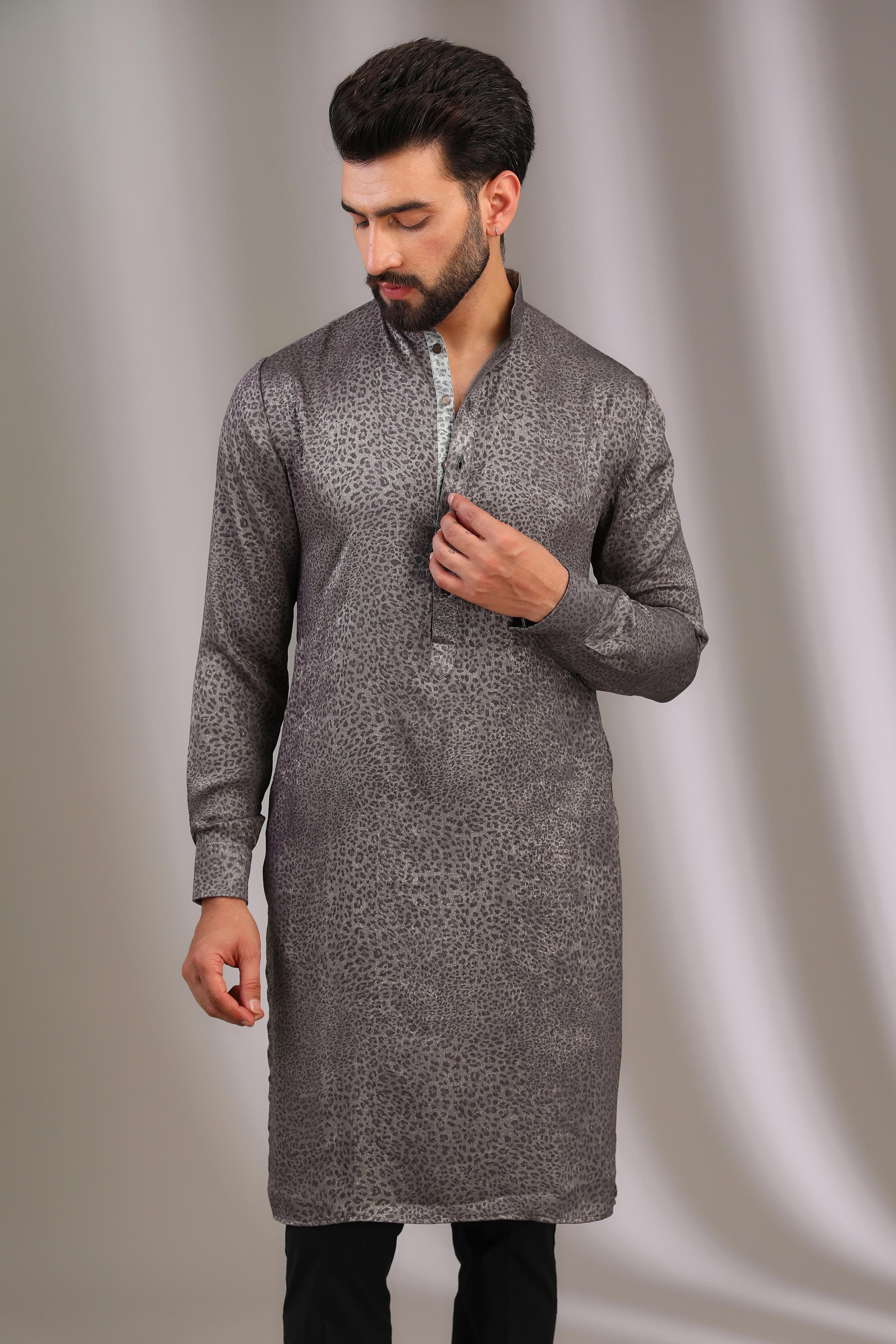 GREY A.P PRINT SILK UNLINED KURTA W BLACK COTTON PANT