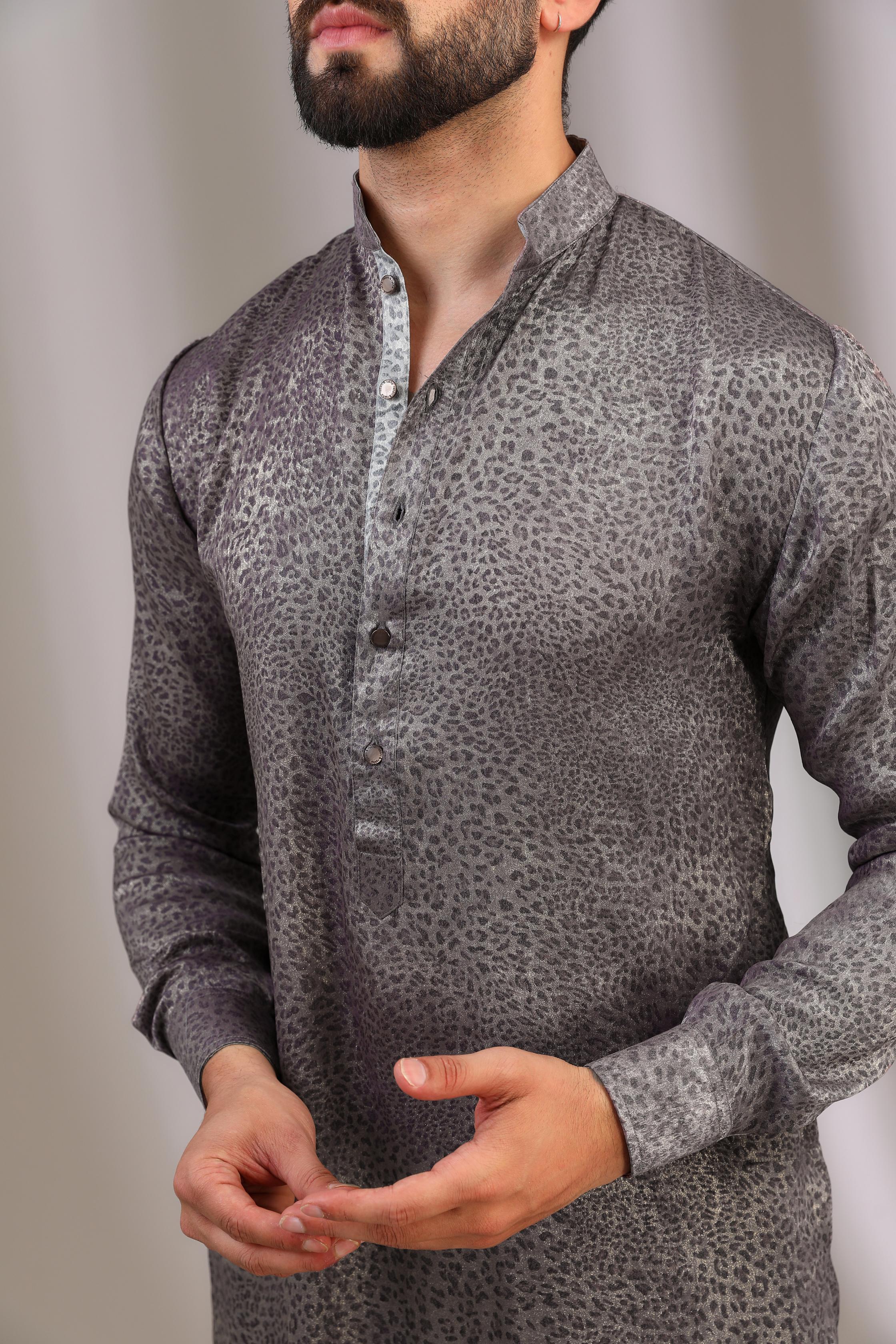 GREY A.P PRINT SILK UNLINED KURTA W BLACK COTTON PANT