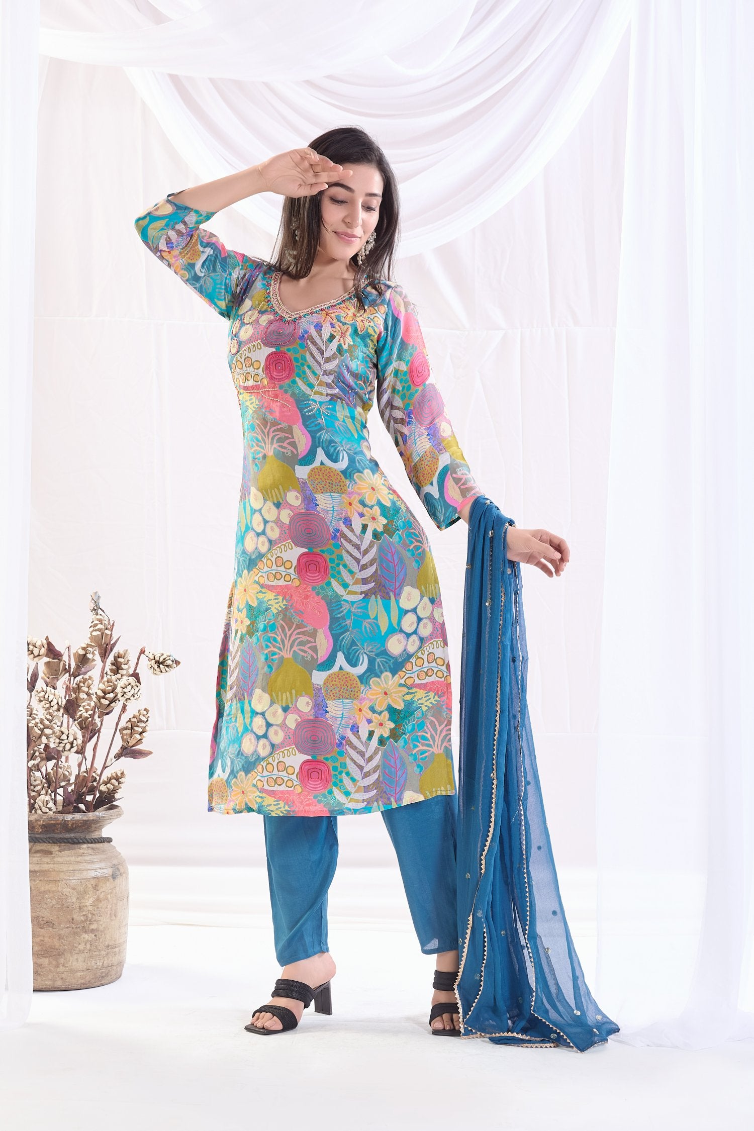 Vibrant Multicolour Crepe Printed Kurta set with Embroidery