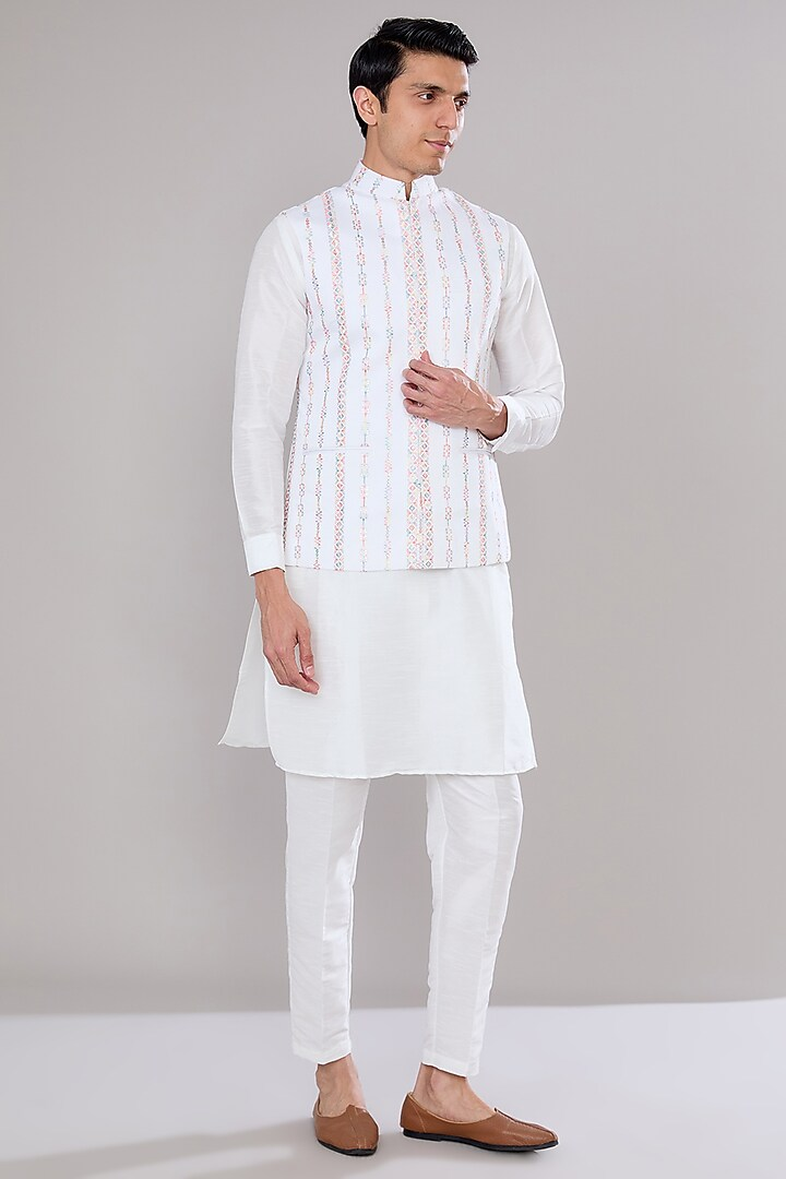 Off White Embroidered Kurta-Jacket Set