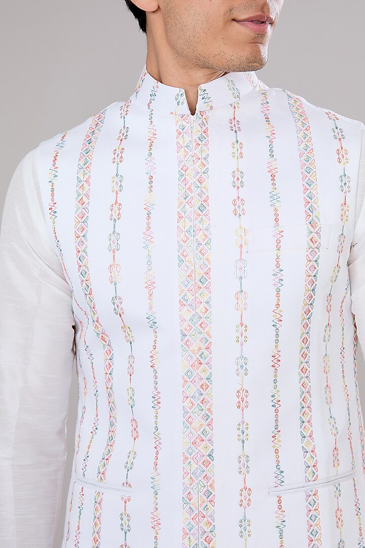 Off White Embroidered Kurta-Jacket Set