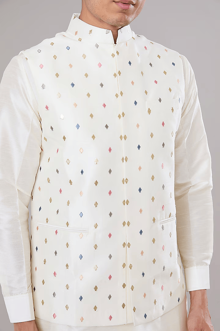 Off White Embroidered Kurta-Jacket Set