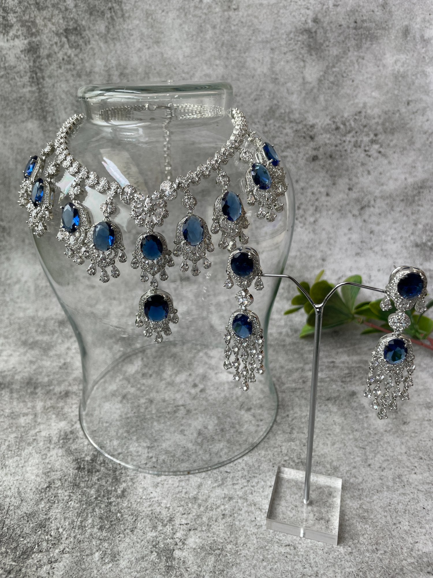 White Finish Blue Stone and Zircon Necklace Set