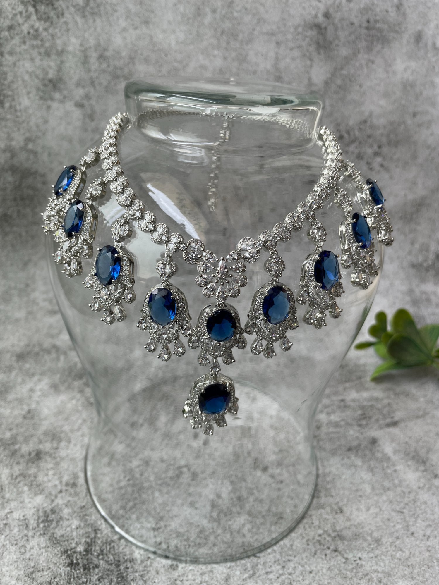 White Finish Blue Stone and Zircon Necklace Set