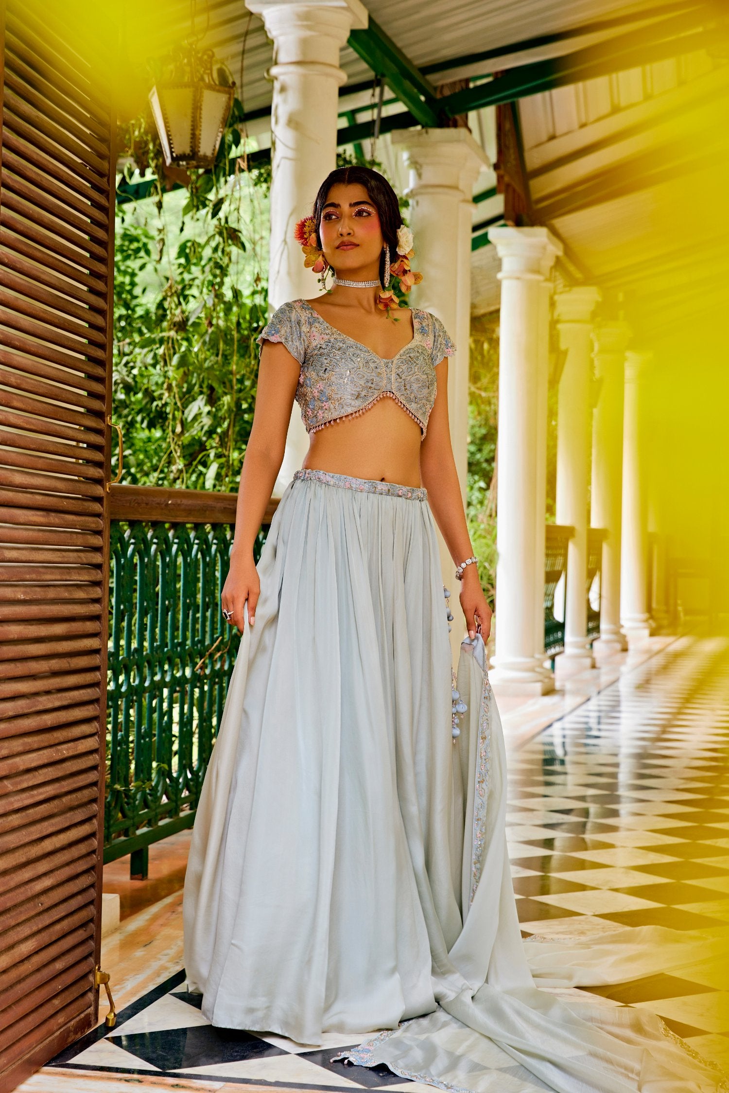 Greyish Green Organza Lehenga Set