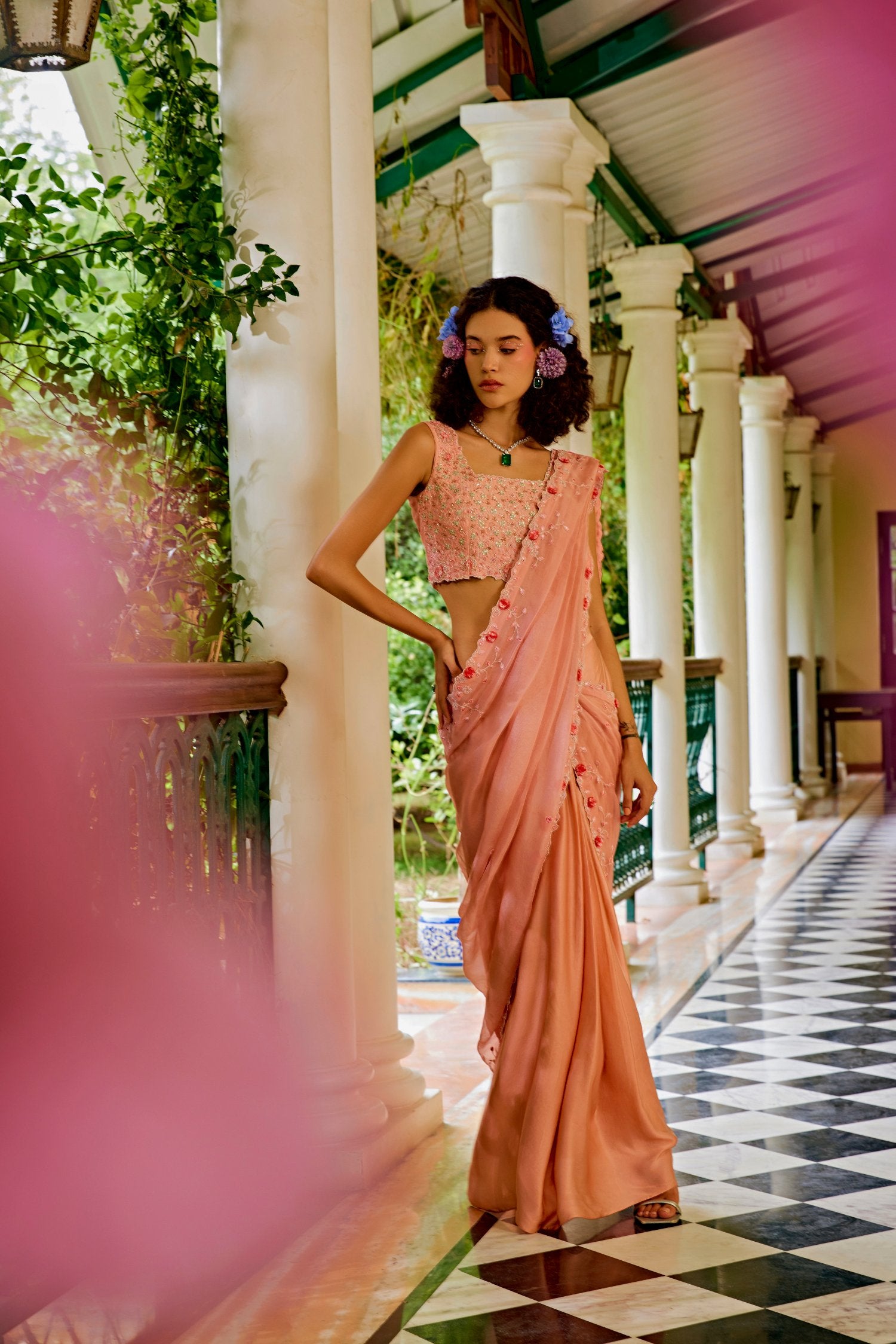 Peach Pre-Stitched Sari Set