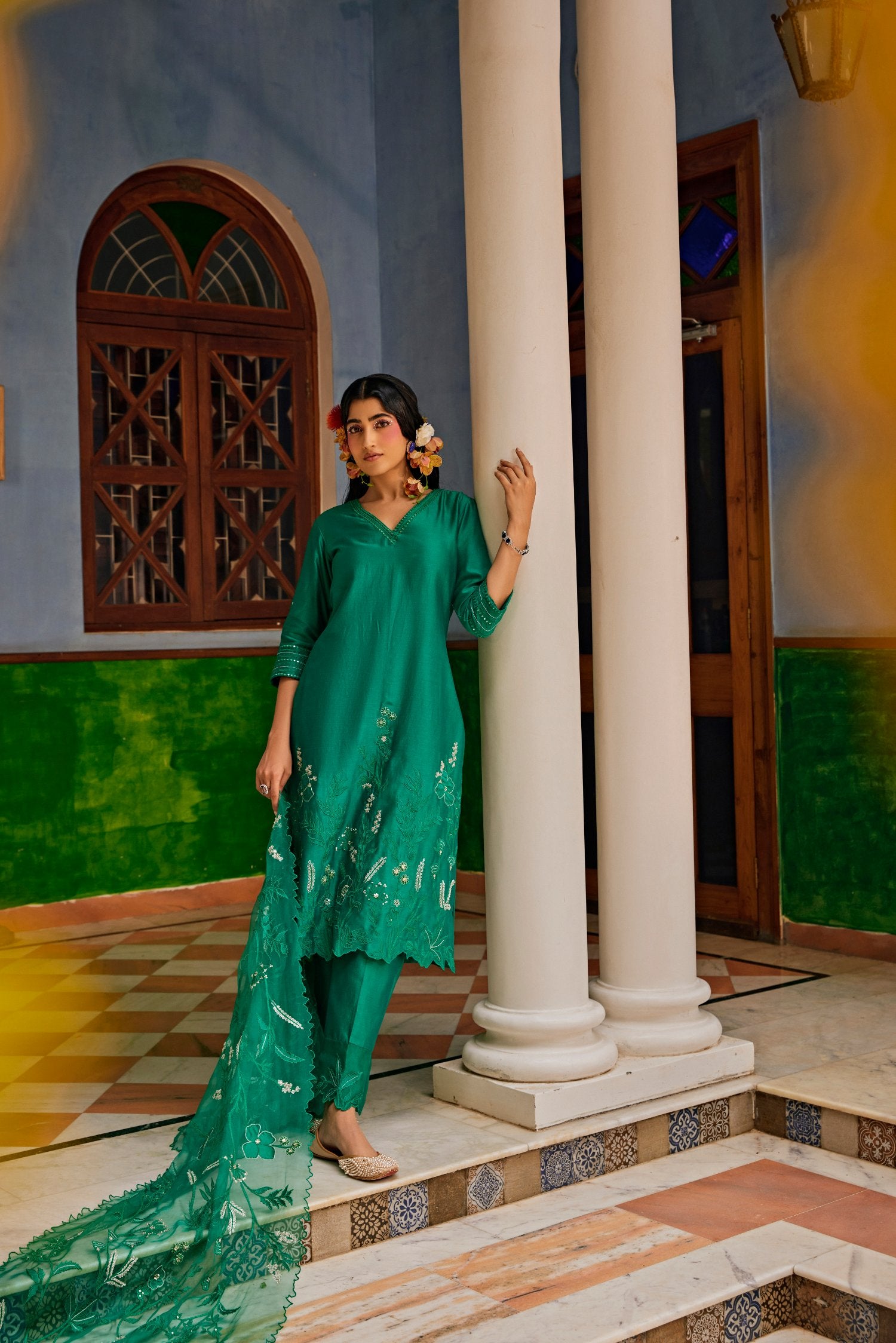 Forest Green Fully Embellished Kurta Set