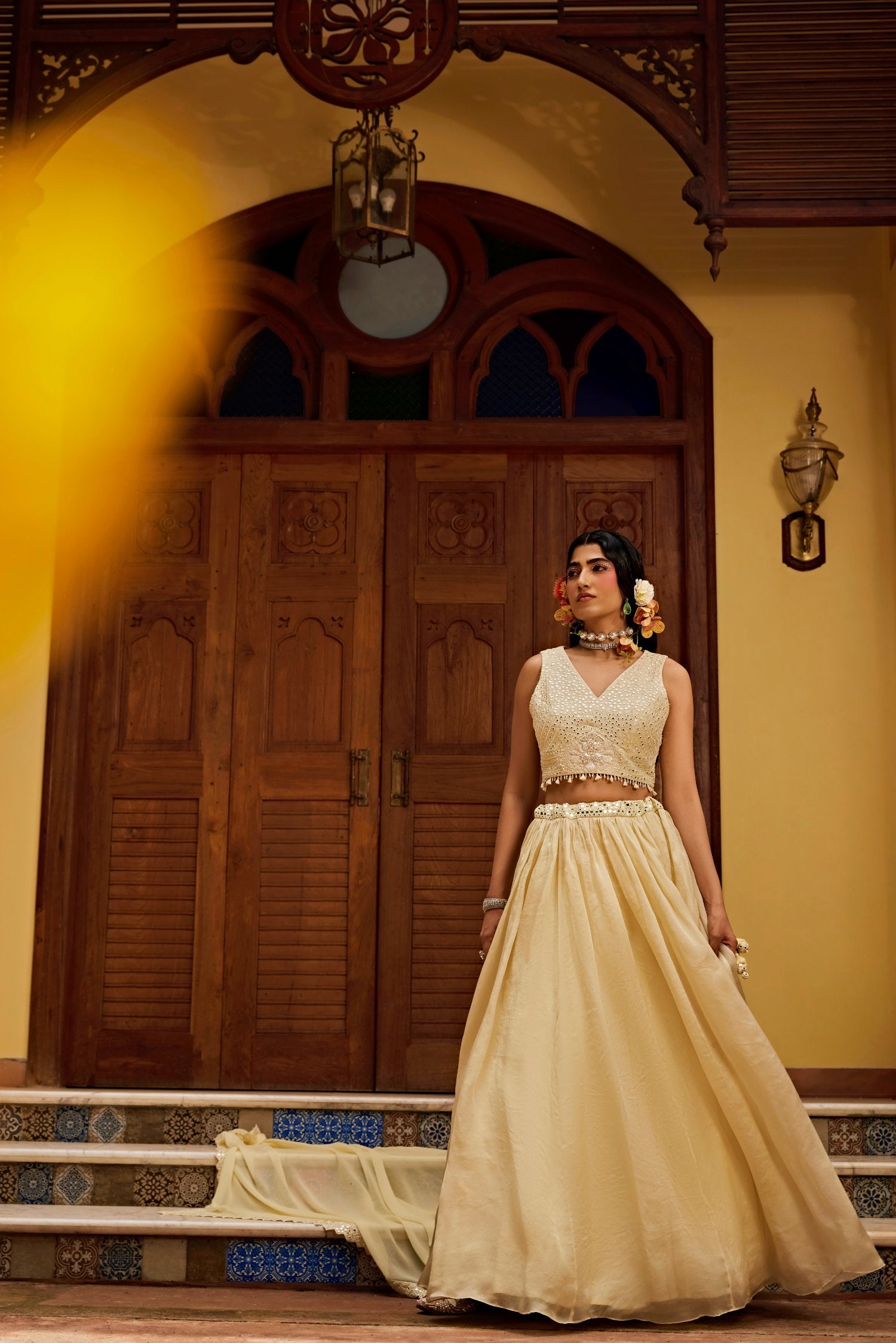 Light Yellow With Pearls Lehenga Set