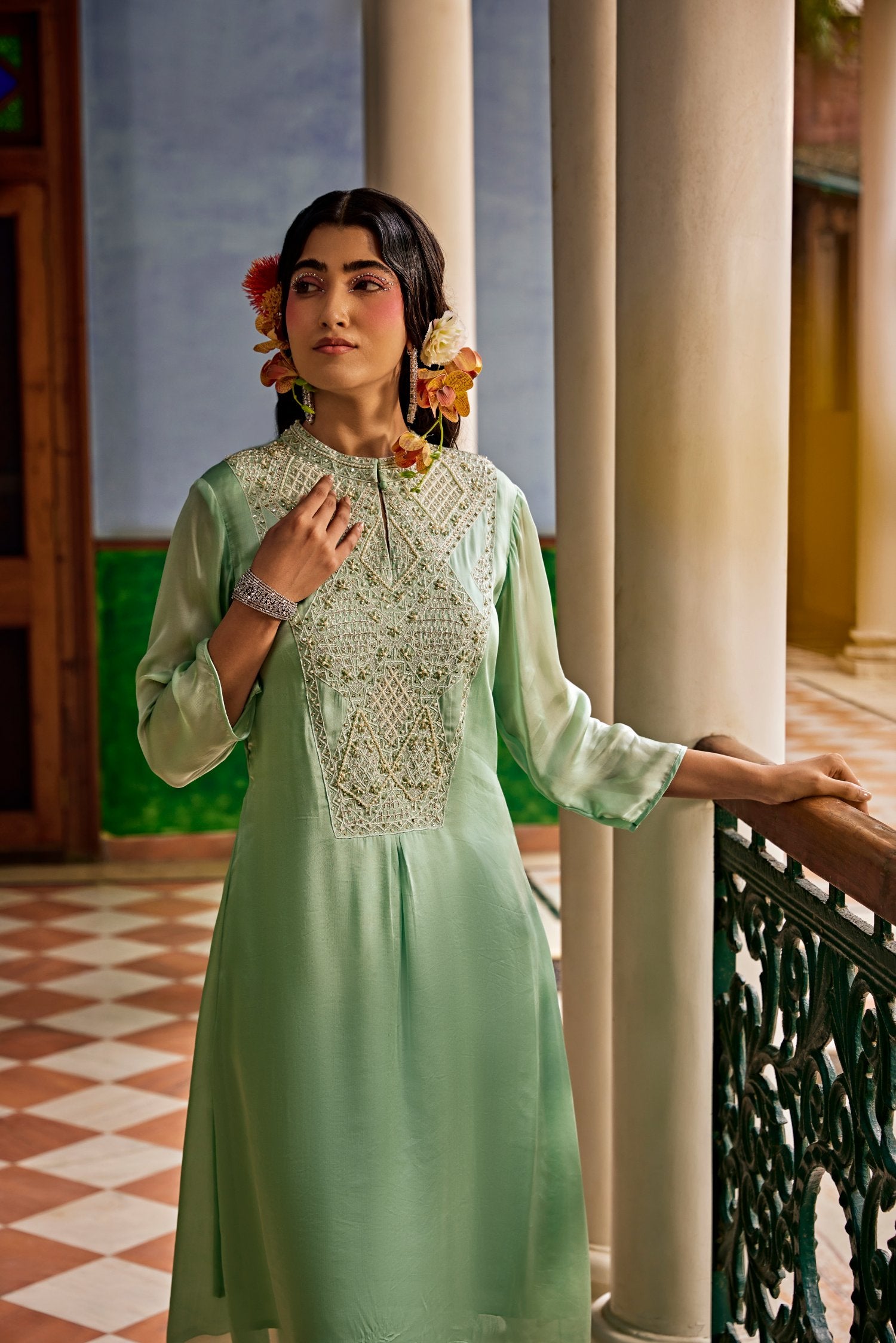 Sea-Green Asymmetrical Kurta Set