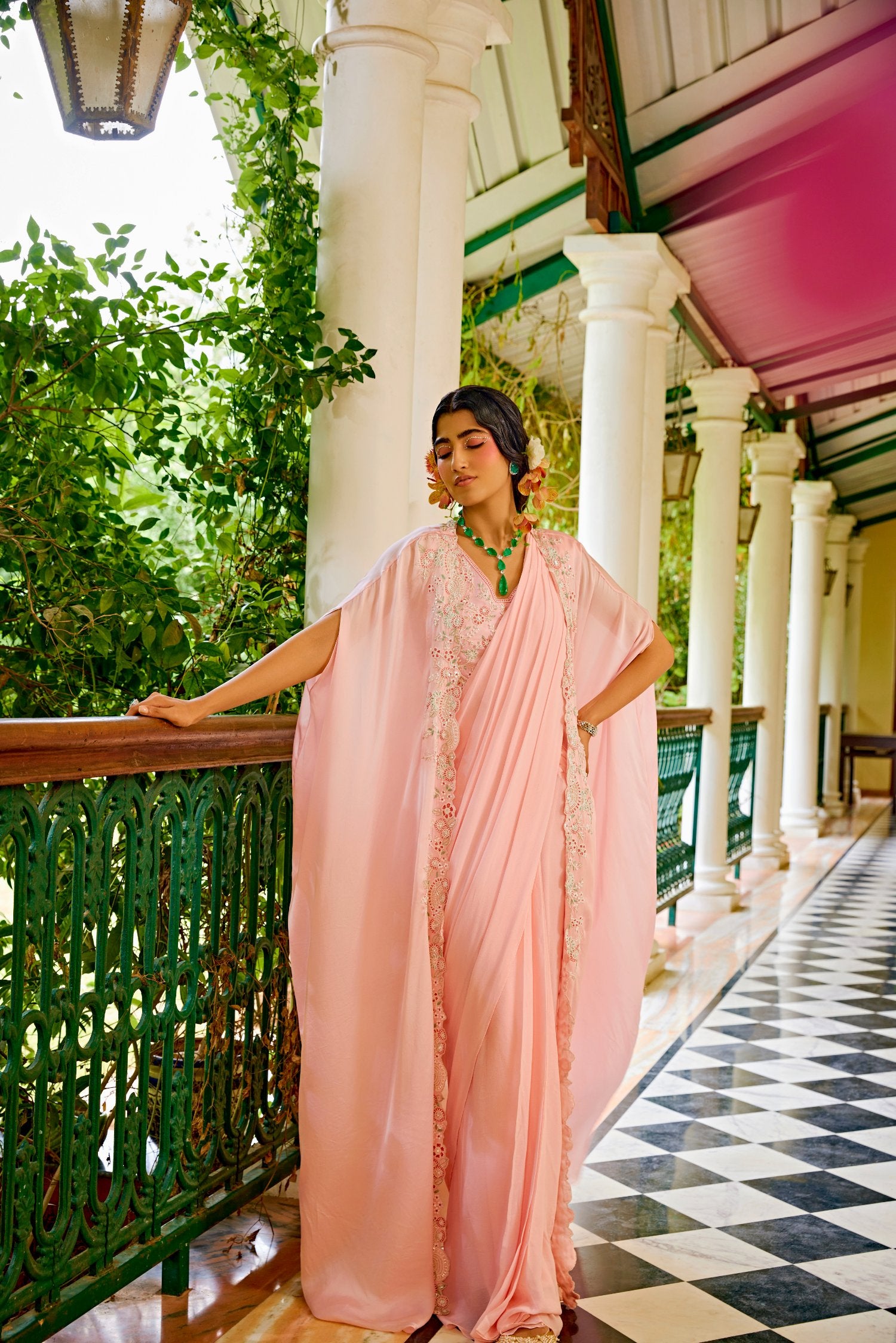 Baby Pink Georgette Pre-Stitched Sari With Cape