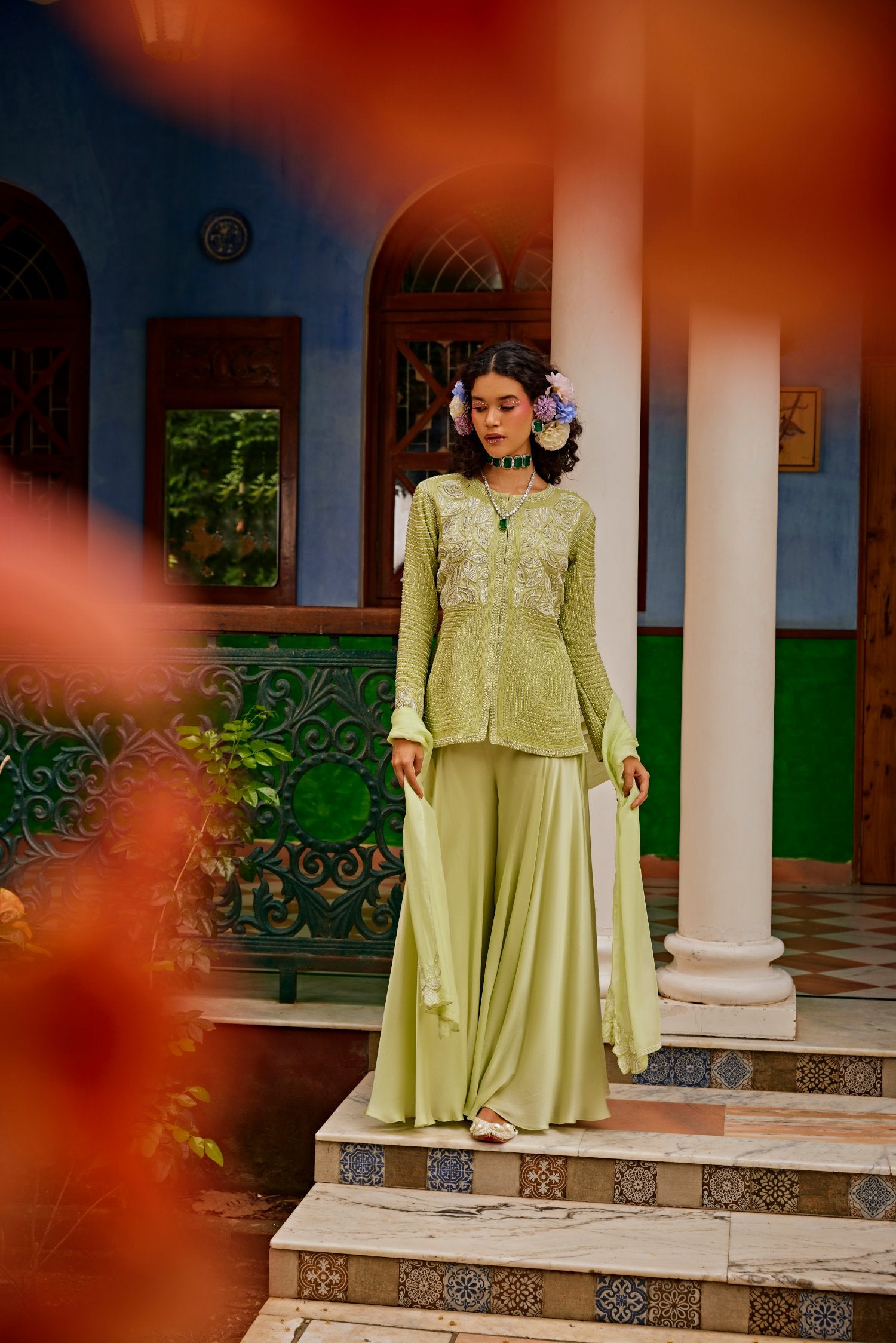 Mint Green Pearl Embellished Jacket Set