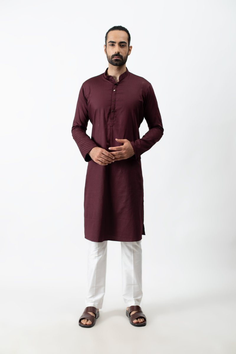 Wine Pintuck Kurta With Bundi Set