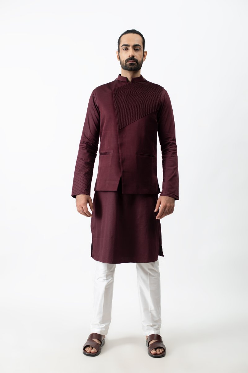 Wine Pintuck Kurta With Bundi Set