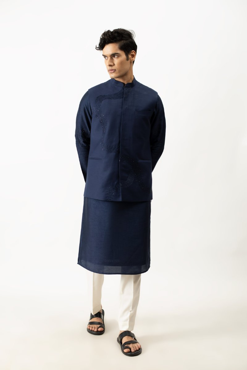 Midnight Blue Kurta With Bundi Set