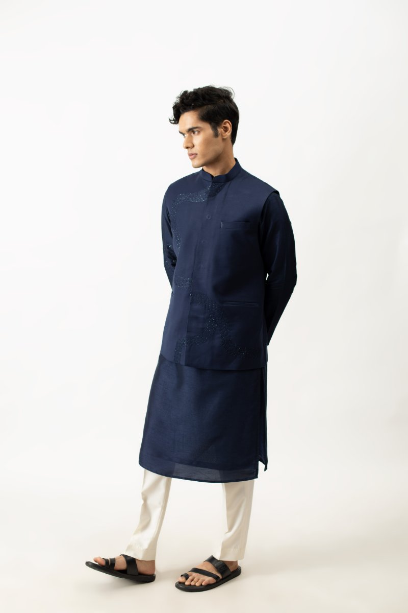 Midnight Blue Kurta With Bundi Set