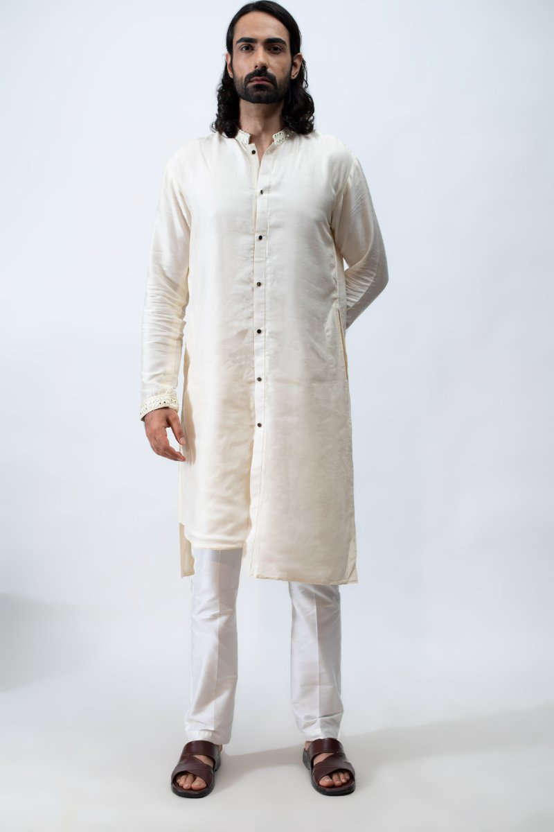 Ivory Kurta With Achkan Set, Paired With Mirror Dupatta.