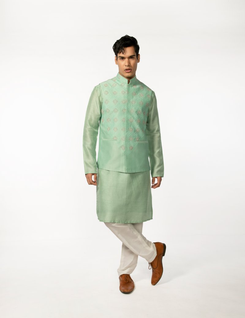 Sea Green Hand Embroidered Bundi With Sea Green Hand Embroidered Kurta Set