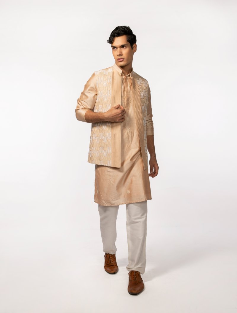 Rosegold Pintuck With Embroidered Bundi With Rosegold Kurta Set