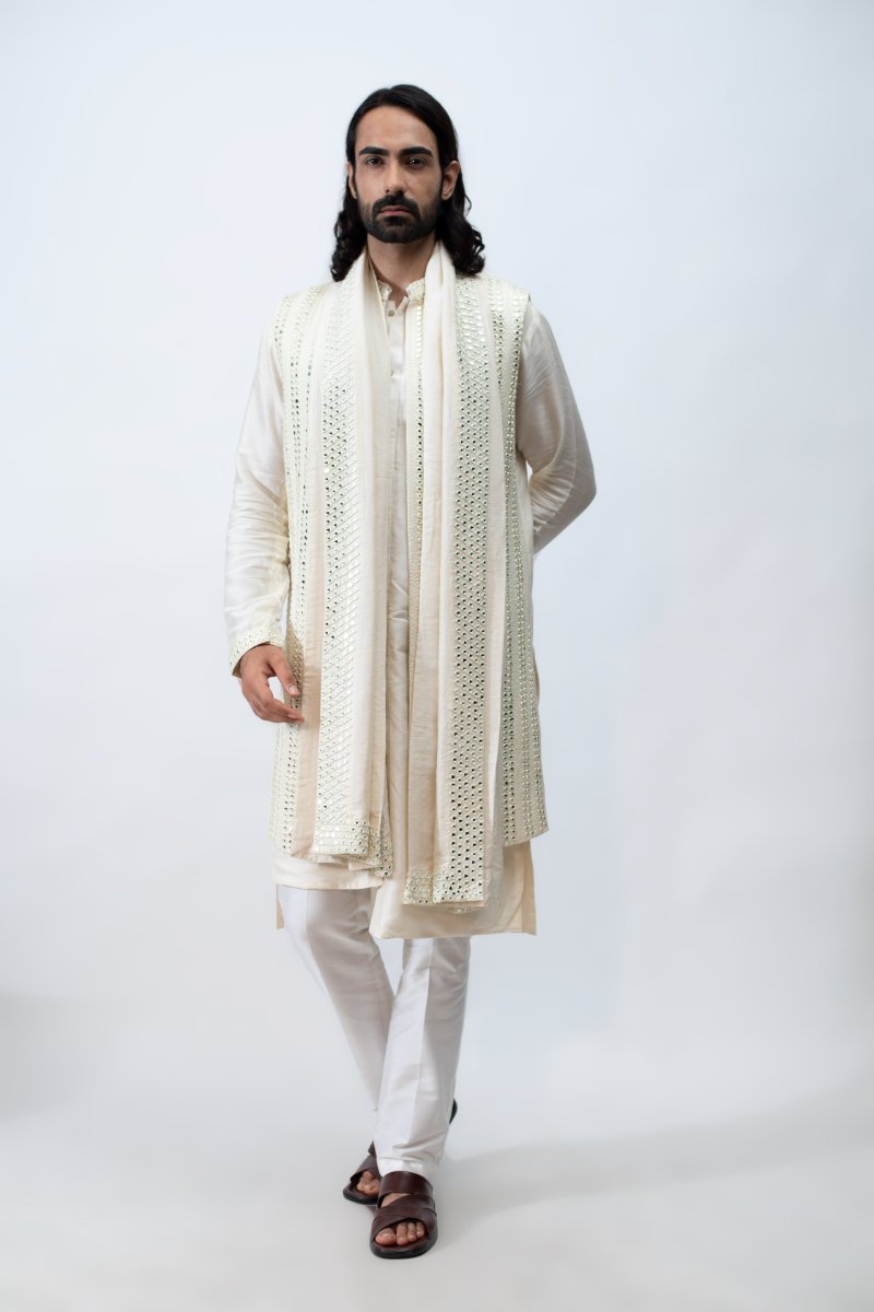 Ivory Kurta With Achkan Set, Paired With Mirror Dupatta.