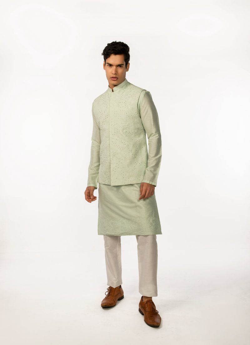 Soothing Green Embroidered With Highlights Bundi With Green Embroidered Kurta Set