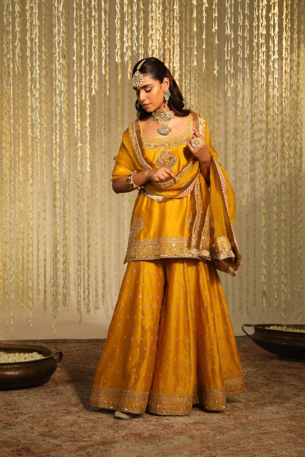 Yellow Aabroo Kurta Set- front view